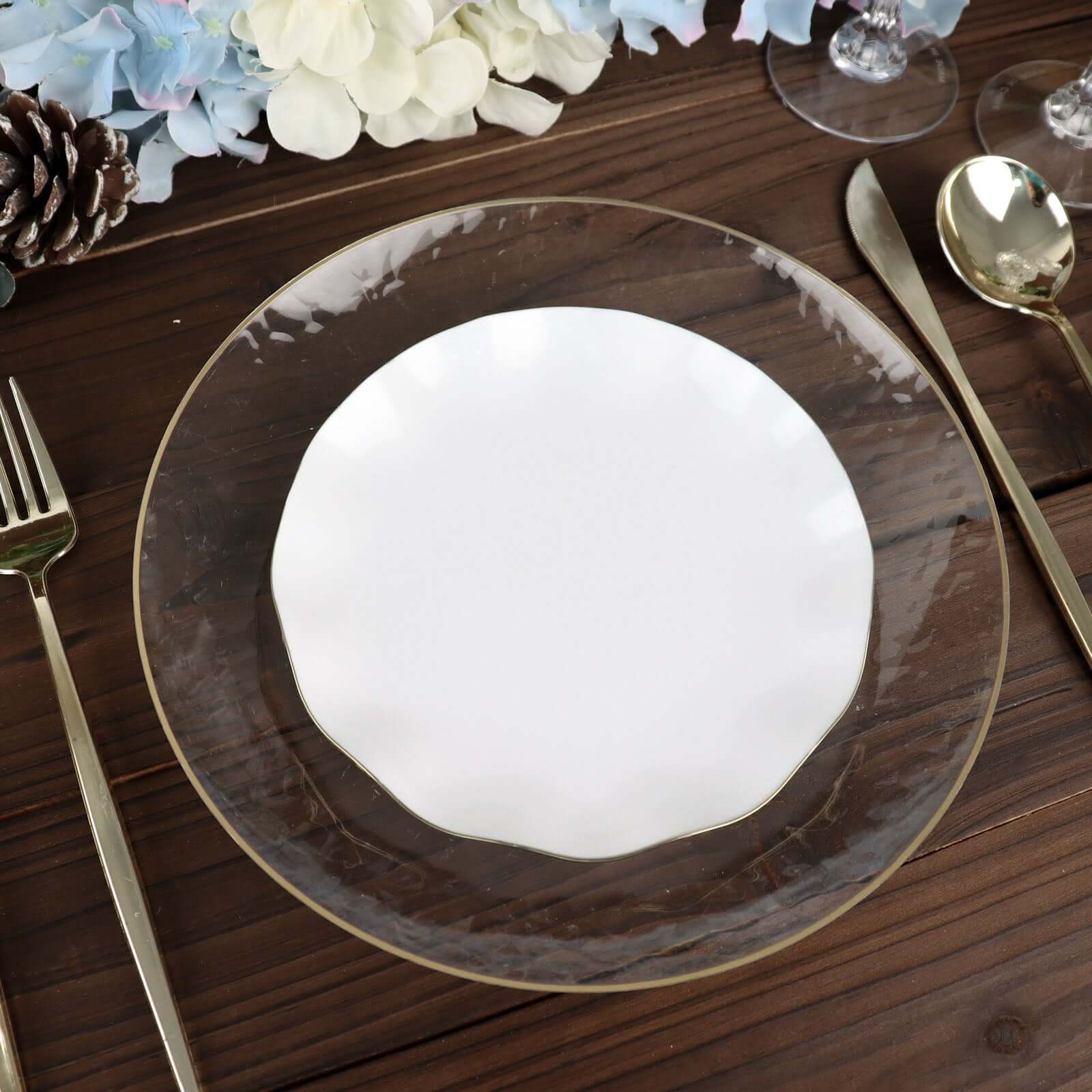 10-Pack Plastic Round 6" Dessert Plates in White Ruffled Rim with Gold Edging - Sturdy Disposable Salad Appetizer Dinnerware for Classy Events & Banquets