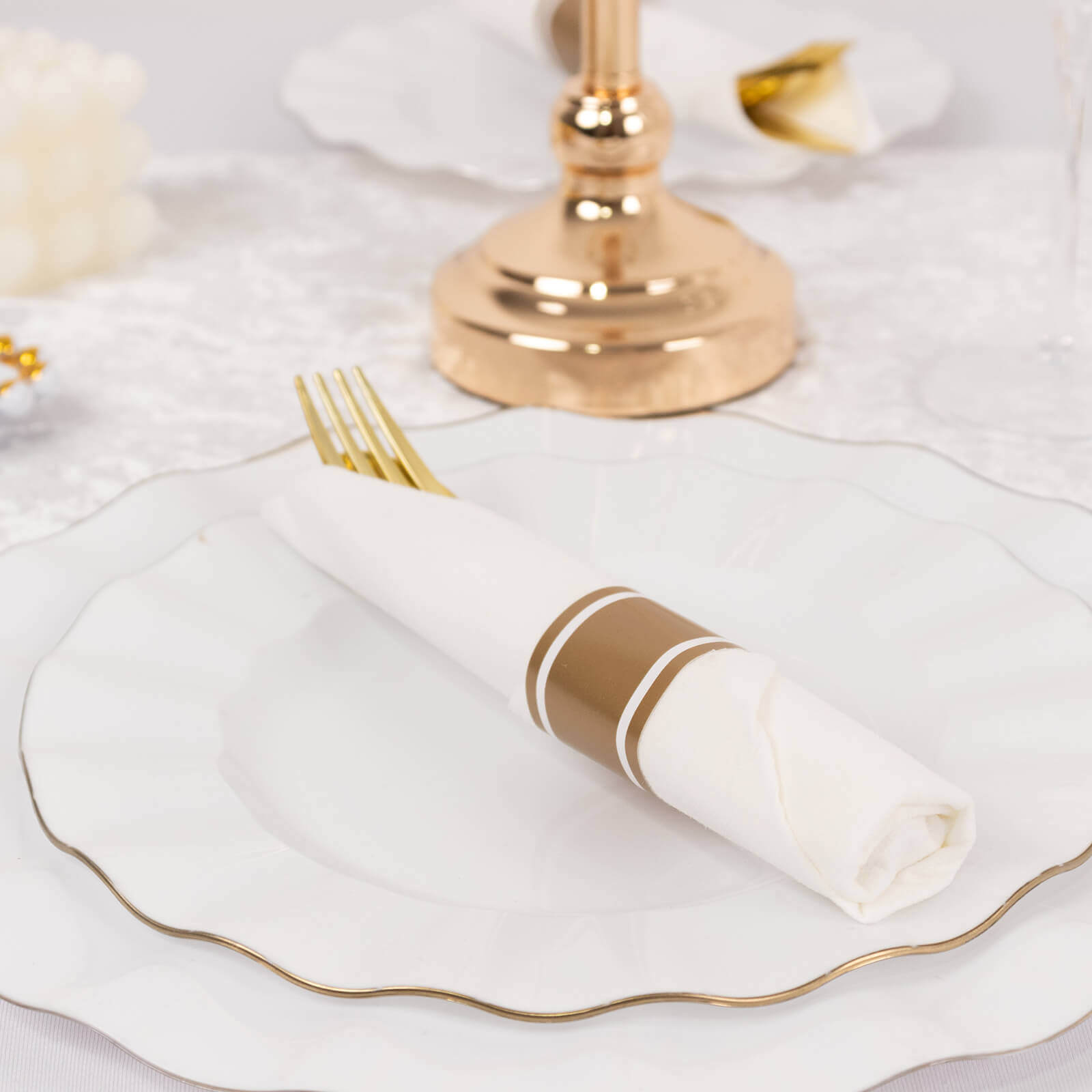 Set of 24 Gold Plastic Silverware with Pre-Rolled White Paper Napkins - Disposable Wrapped Fork, Spoon, and Knife Set