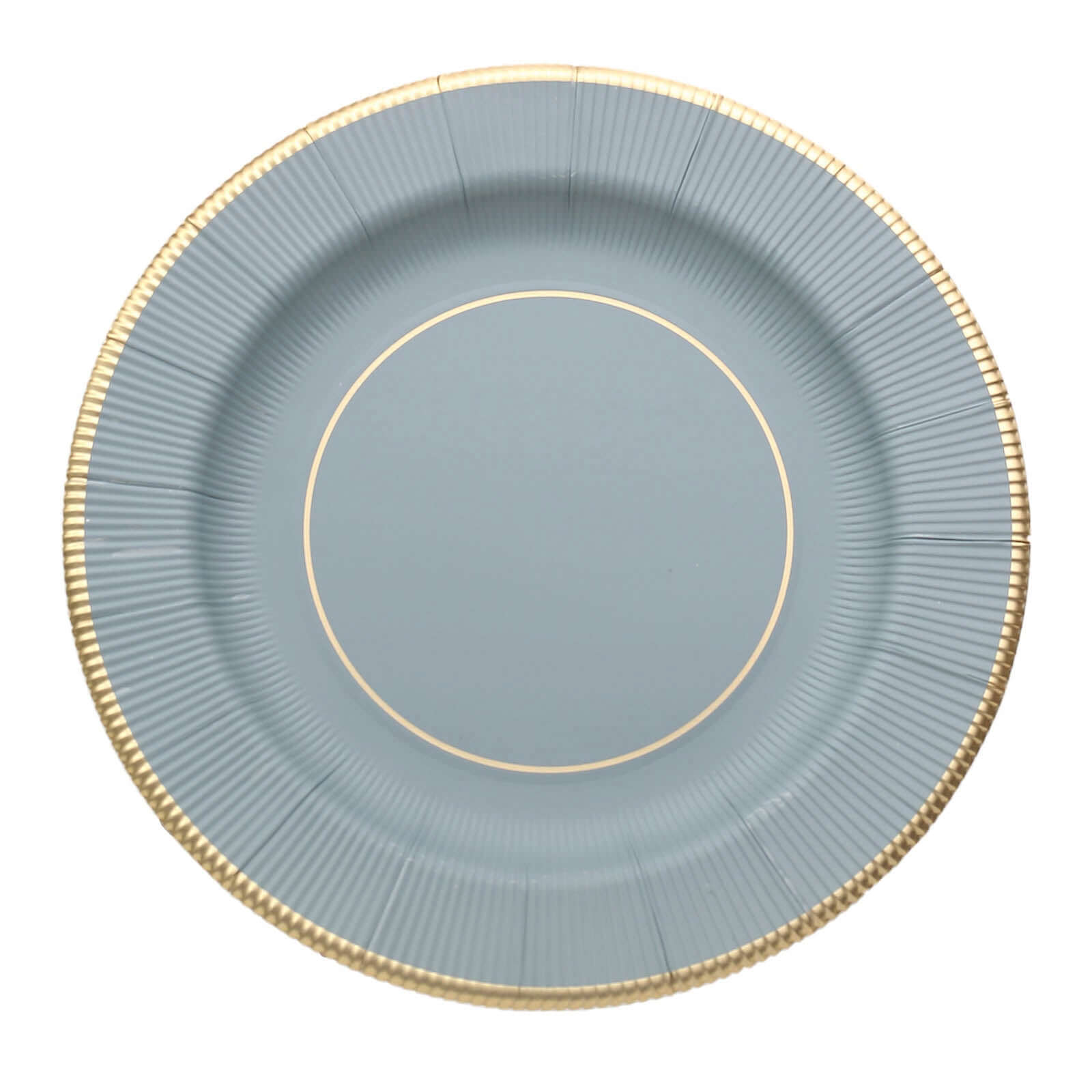 25-Pack Disposable Round Charger Plates in Dusty Blue Sunray Design with Gold Rim - 350GSM Heavy Duty Paper Chargers 13"