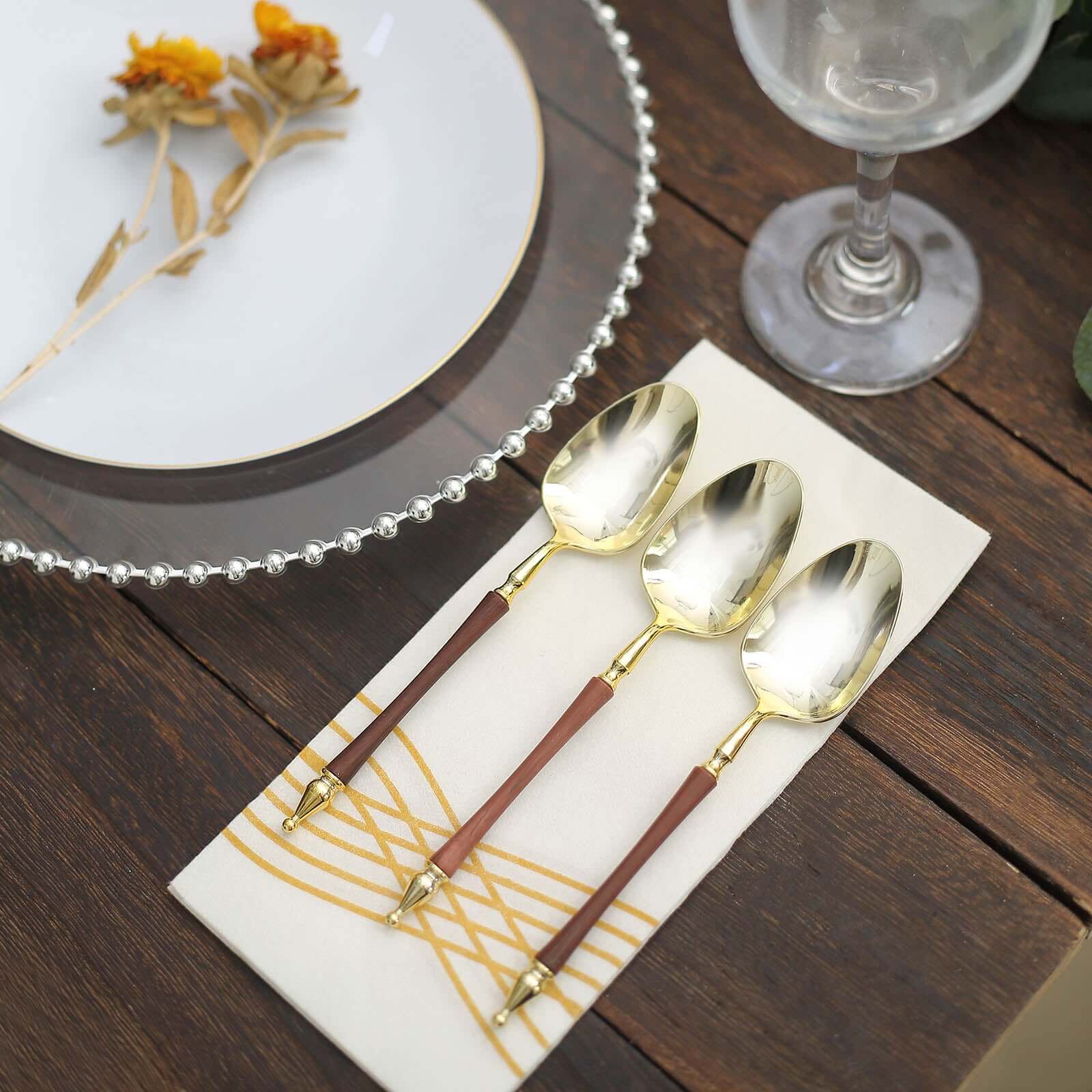 24-Pack Plastic Dessert Spoons with Roman Column Handle Gold/Brown - European Style Disposable Utensils 6"
