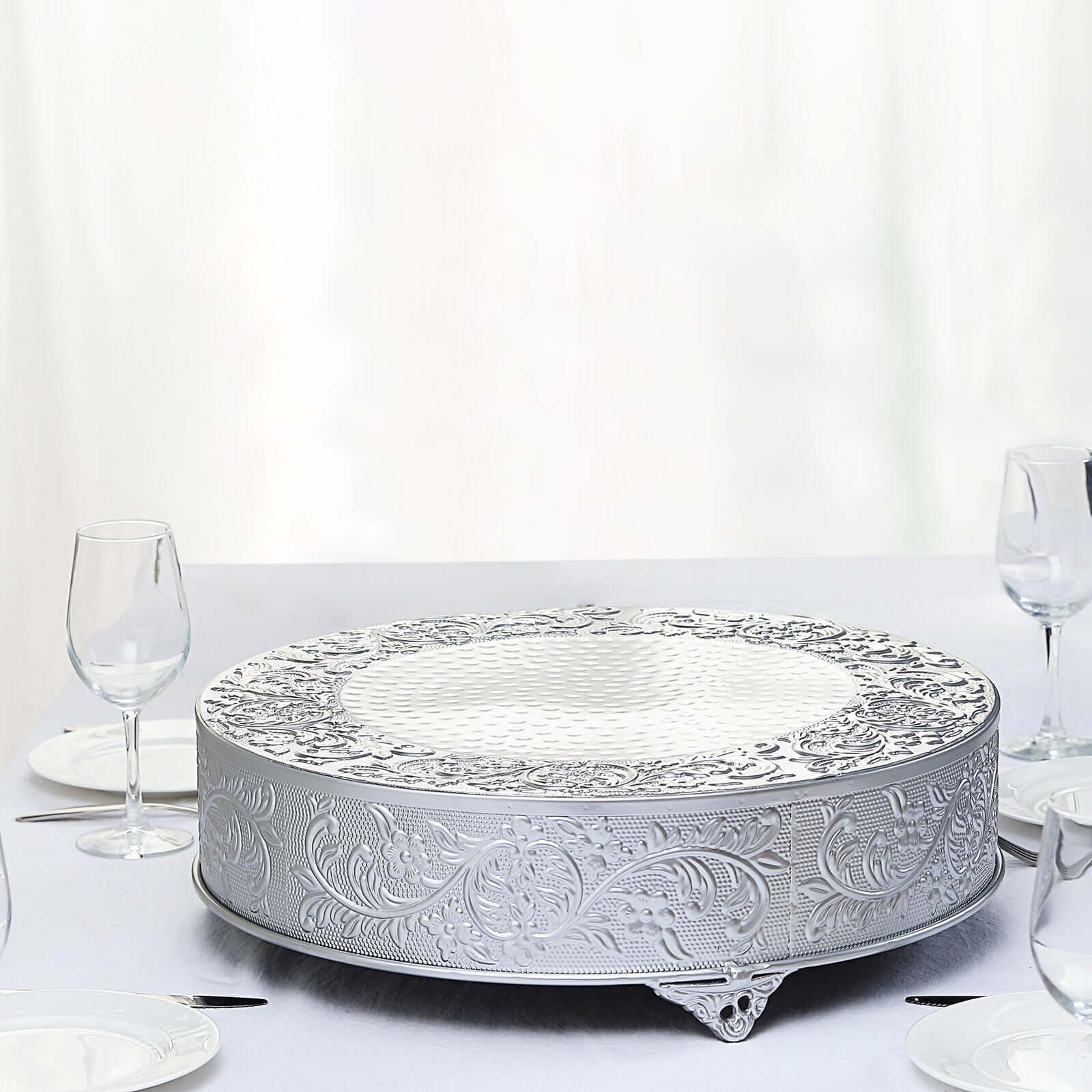 Metal 18" Round Cake Pedestal Stand Matte Silver - Cupcake Dessert Display Riser with Intricate Embossed Design for Upscale Events & Gatherings