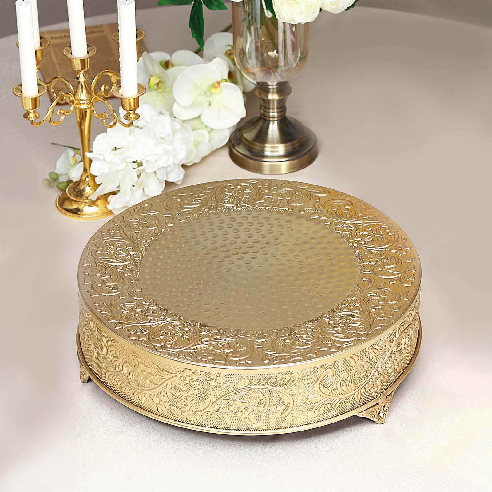 Metal 18" Round Cake Pedestal Stand Matte Gold - Cupcake Dessert Display Riser with Intricate Embossed Design for Upscale Events & Gatherings