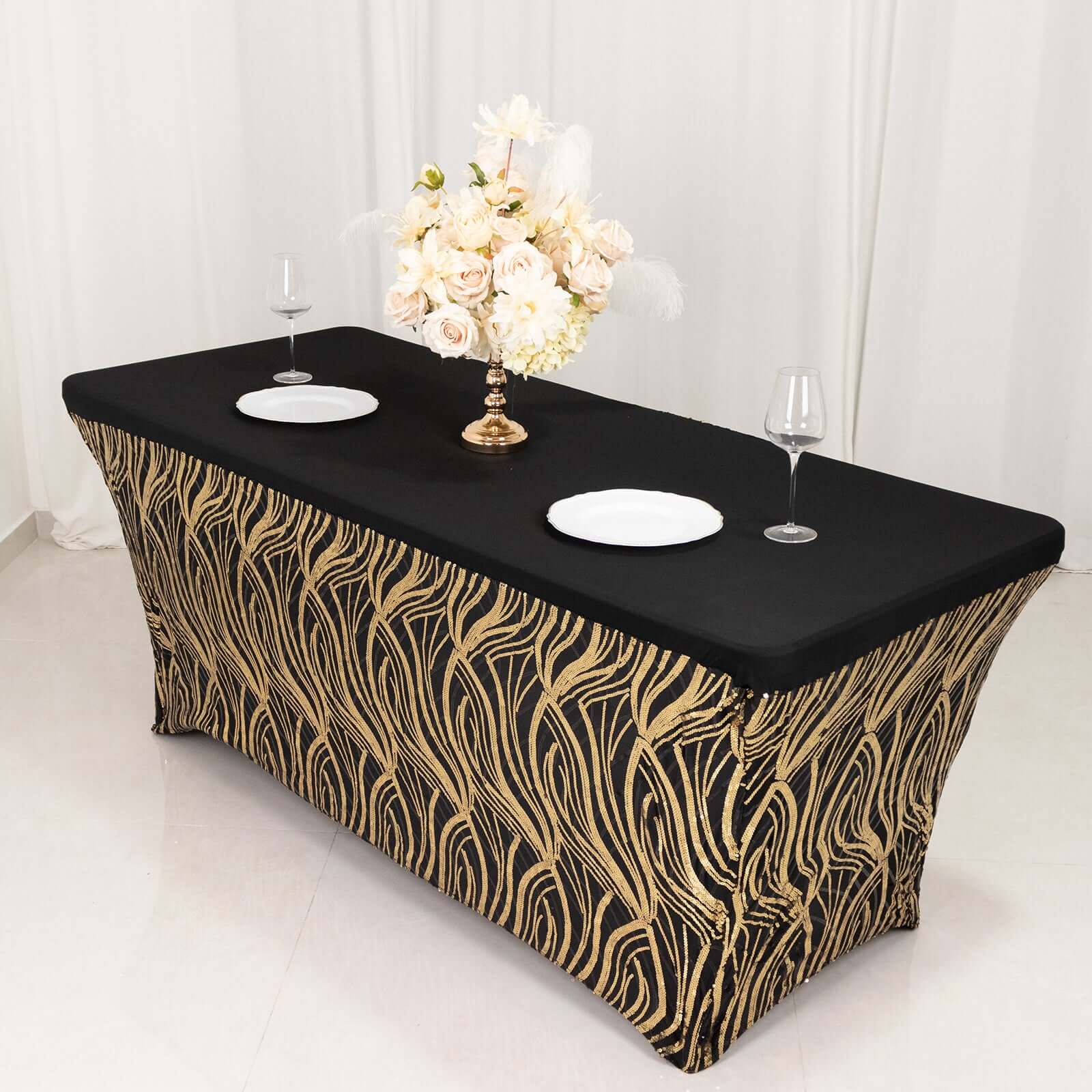 Sequin Stretch Spandex 72"x30" Rectangle Tablecloth Black/Gold Wave Embroidered Design Four-Way Stretch Shimmering Table Cover for Luxe Event Decor