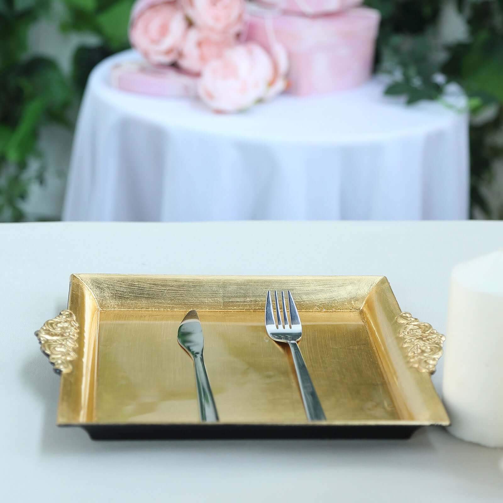 2-Pack Acrylic Square Serving Trays 10" in Metallic Gold with Embossed Handles, Decorative Dinner Party Food Platters
