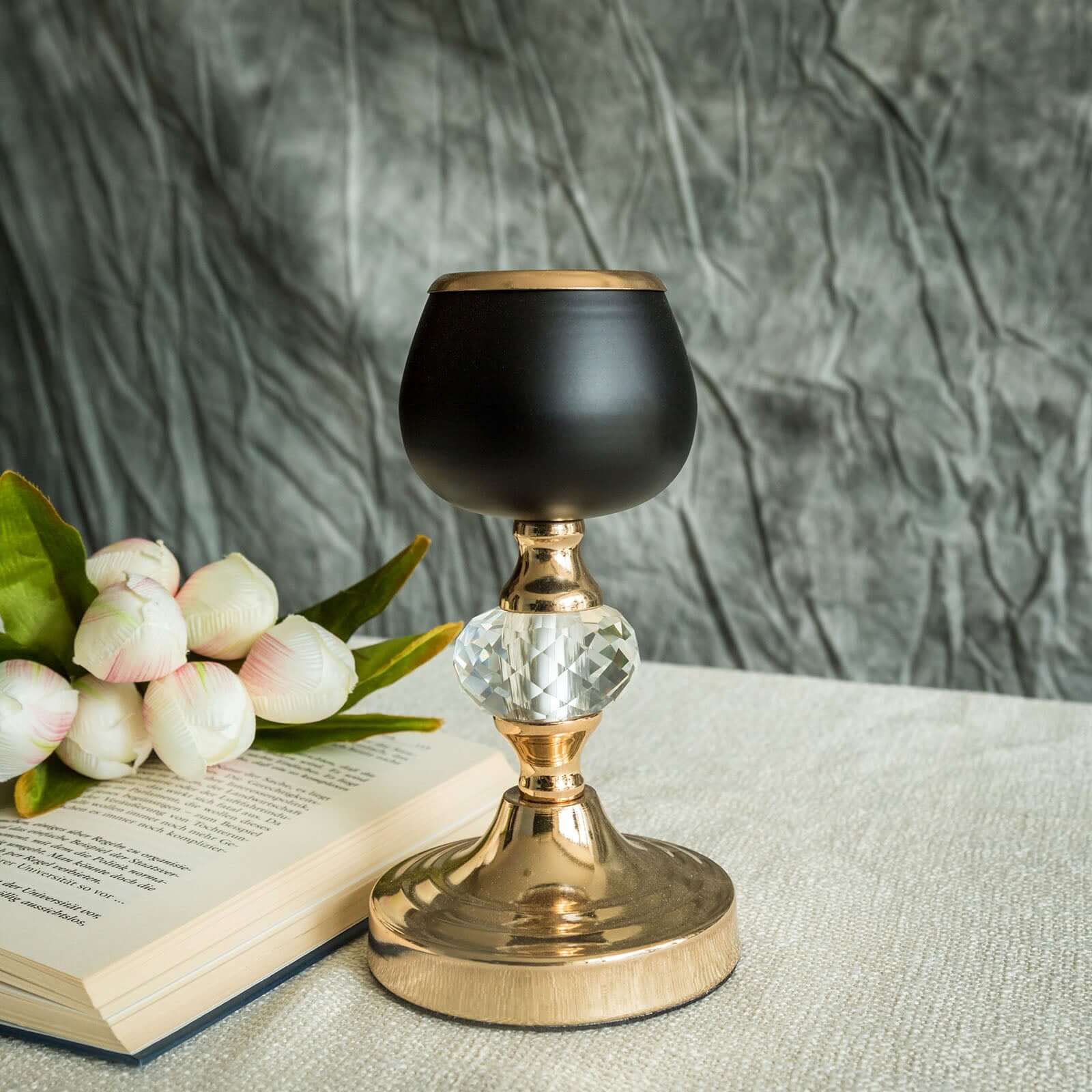 Set of 2 Metal Crystal Lamp Candle Holders Gold/Black - Sophisticated Votive Tealight Stands 7", 11"