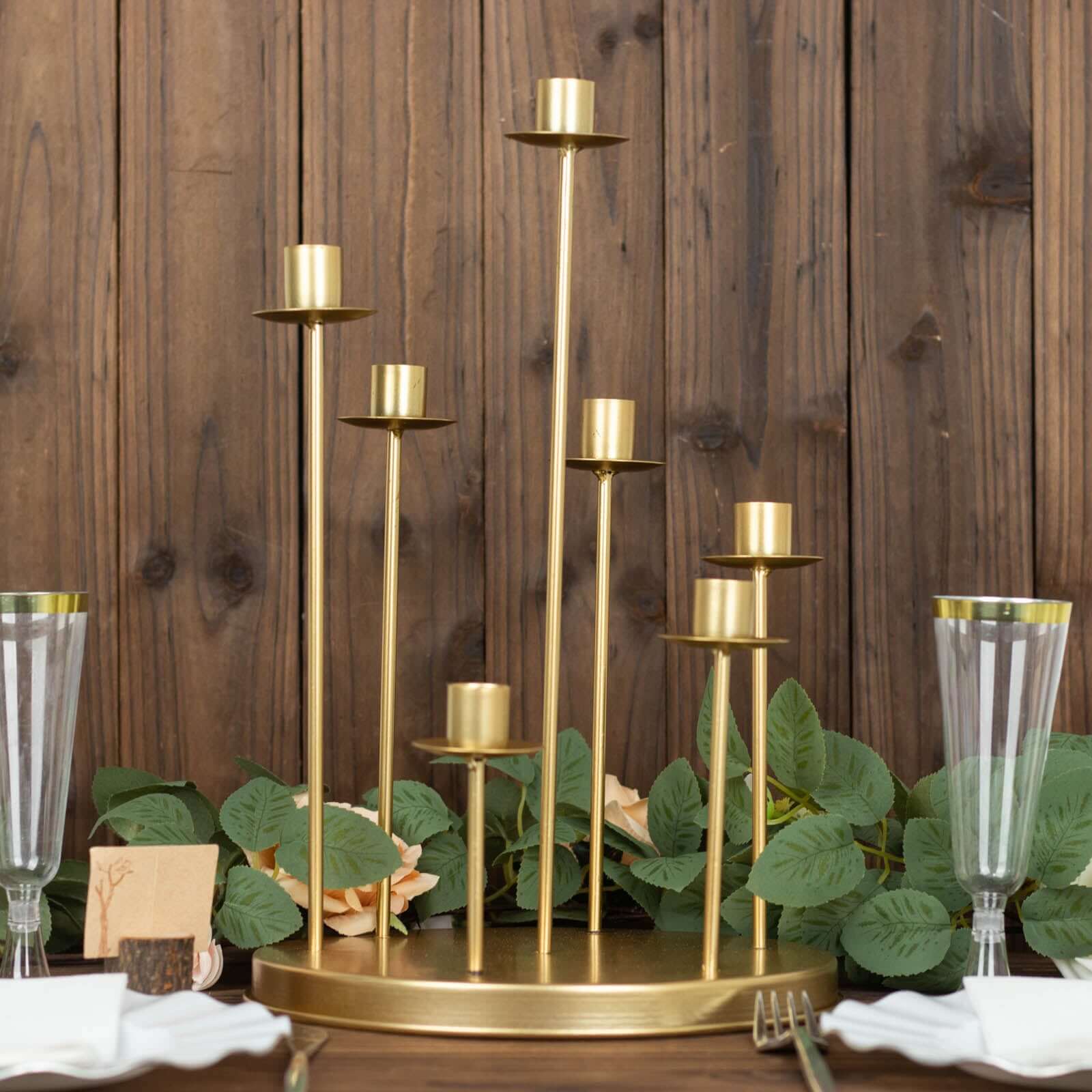 Cluster Candelabra Taper Candle Holder 7-Arm Gold Metal Wedding Centerpiece - Table Decor 15"