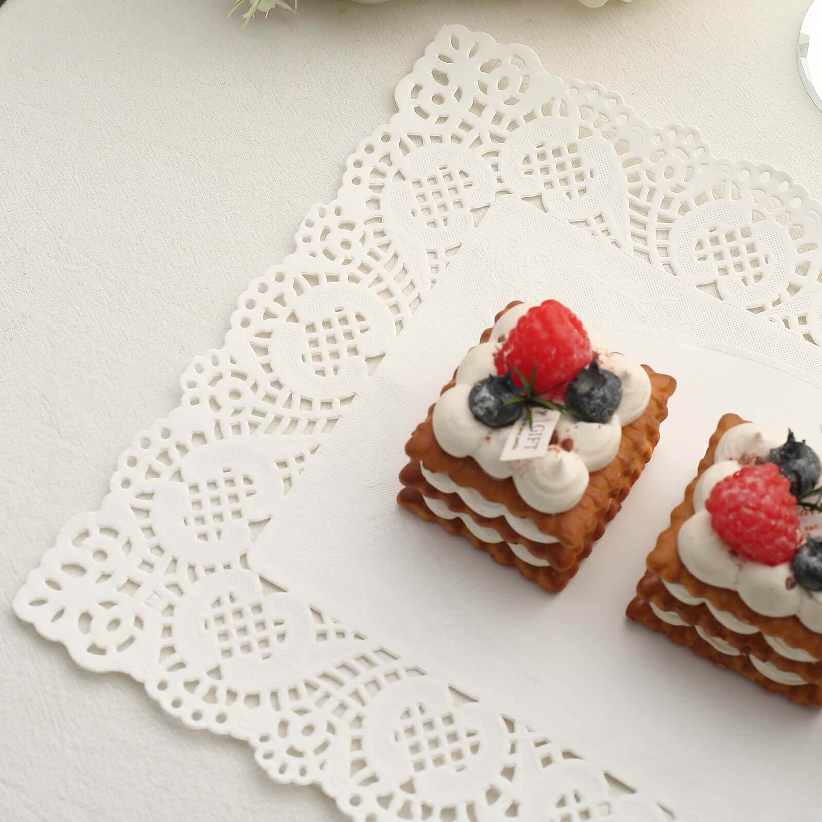 100 Pcs Paper 14"x10" Rectangle Placemats in White - Food Grade Lace Paper Doilies for Dessert Display & Table Decor