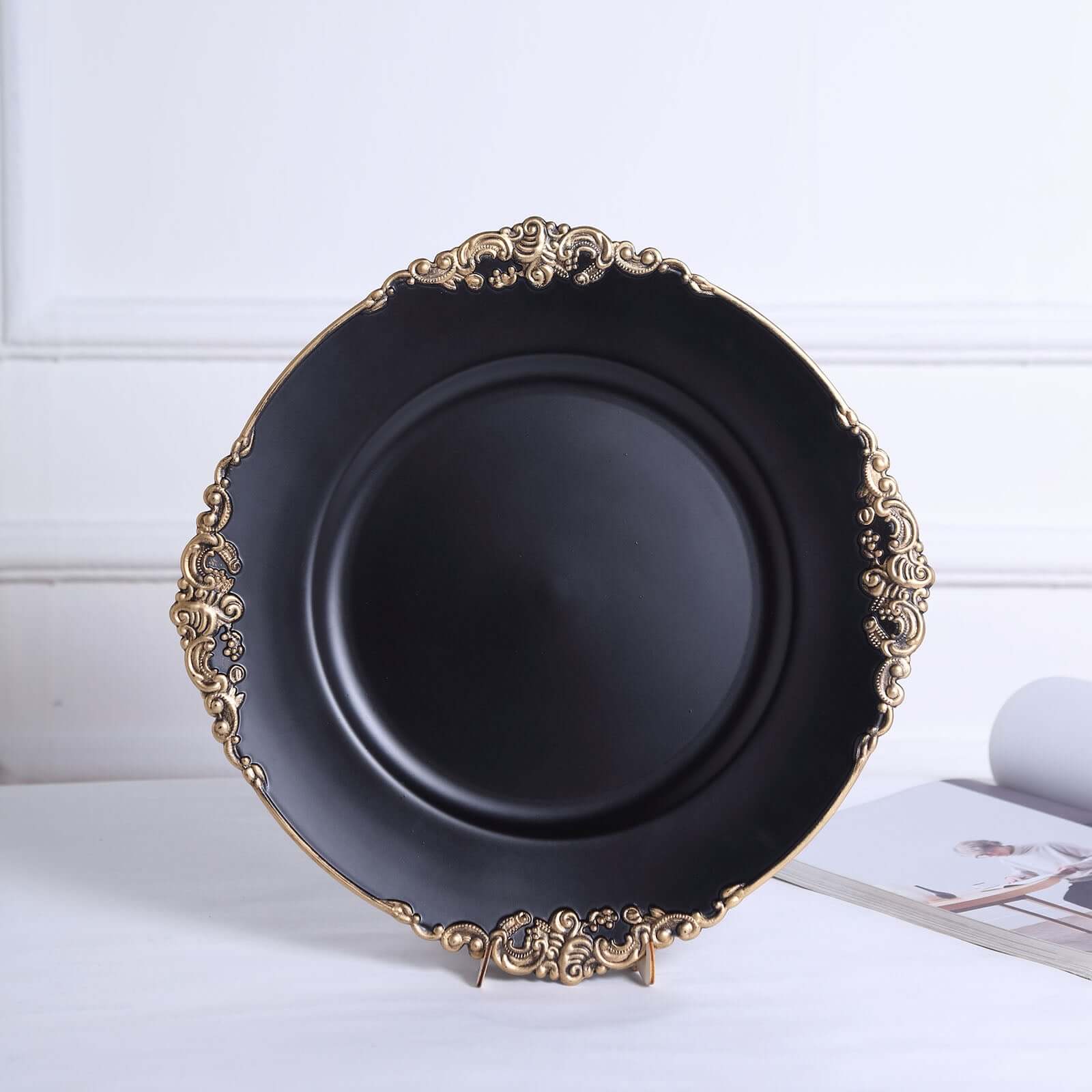 6-Pack Acrylic Round Charger Plates 13" in Matte Black with Gold Embossed Baroque Rim, Antique Decorative Dinner Party Charger Tableware