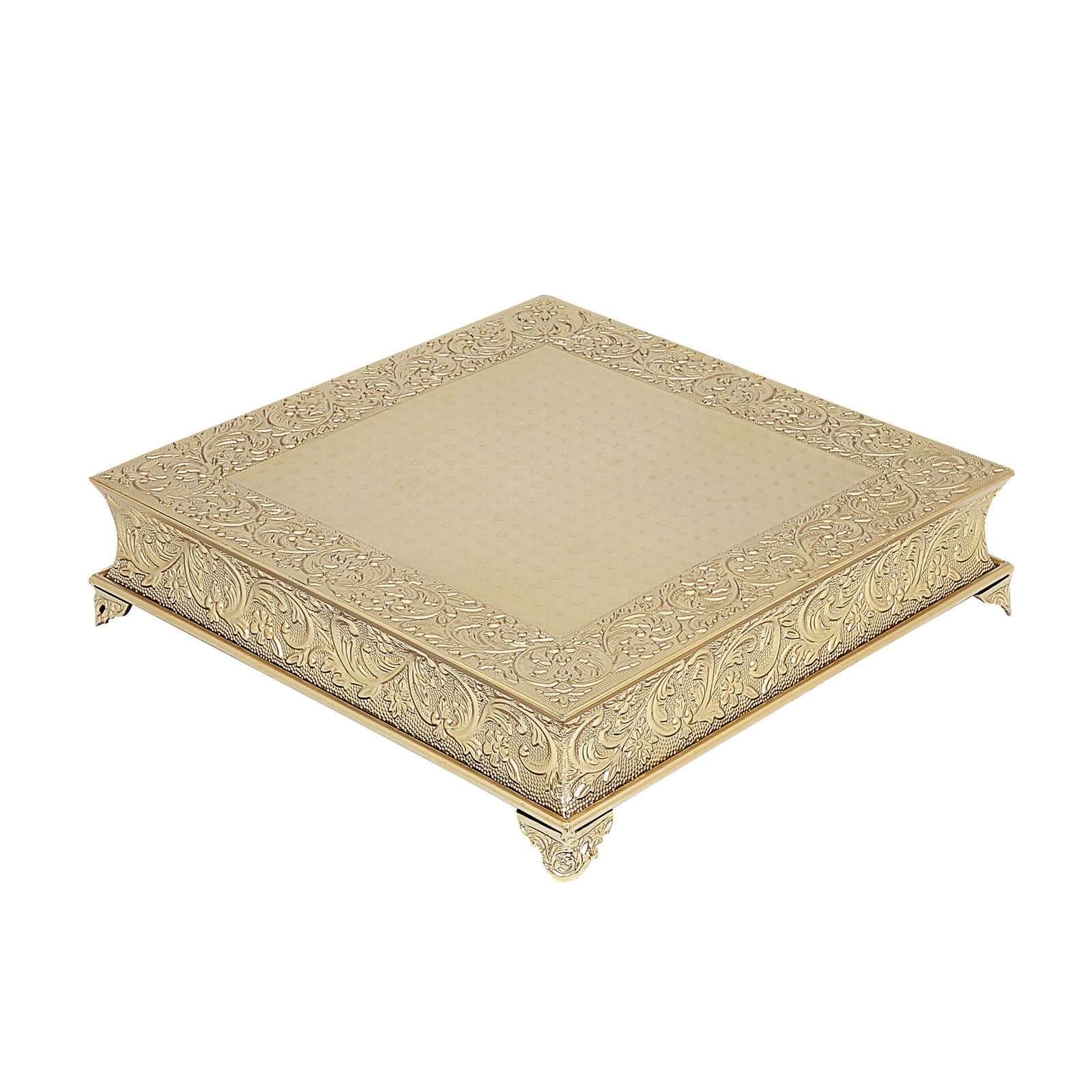 22" Square Gold Embossed Cake Pedestal, Metal Cake Stand Cake Riser