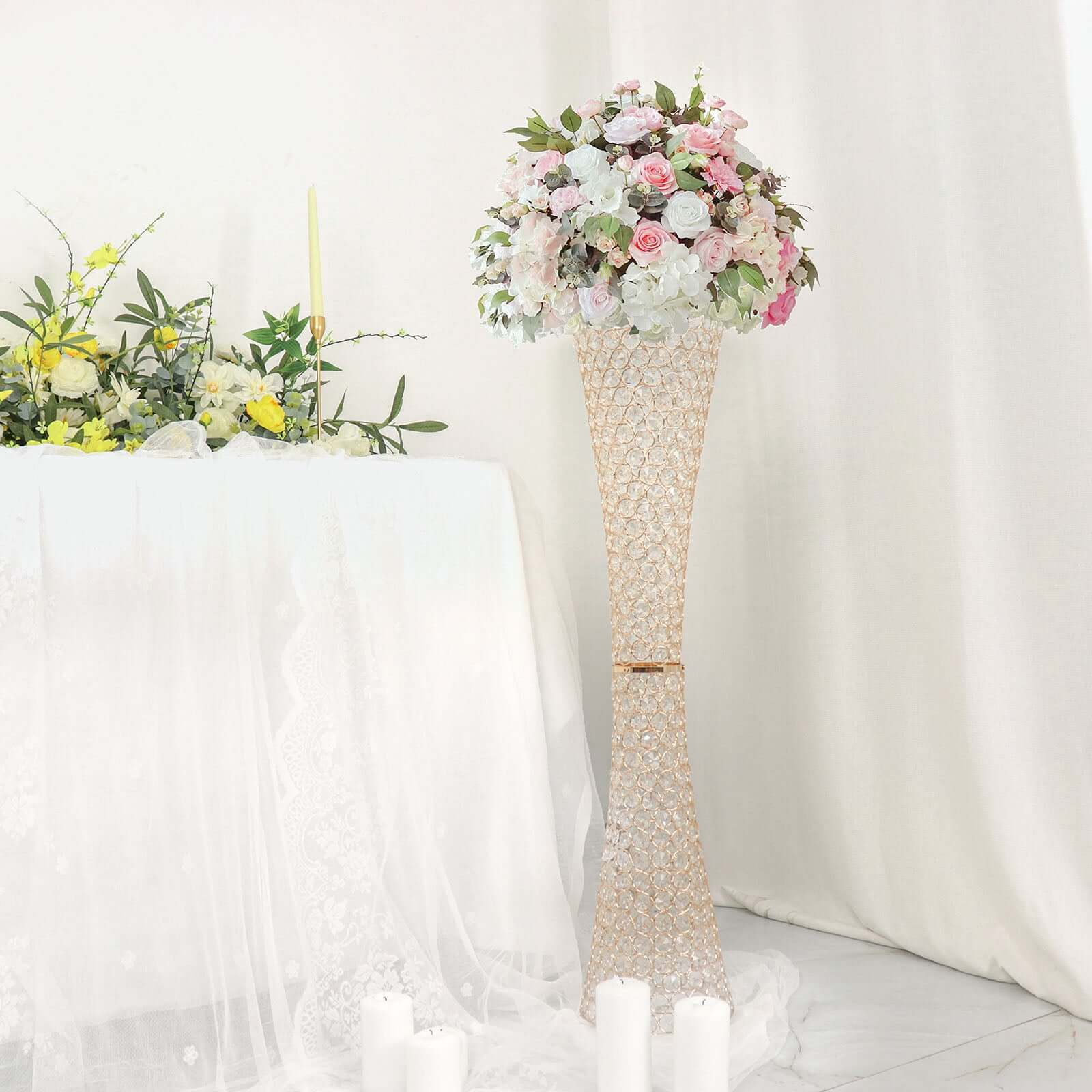 Metal Hurricane Floral Vase Centerpiece Metallic Gold with Crystal Beaded Design - Decorative Table Piece 36"