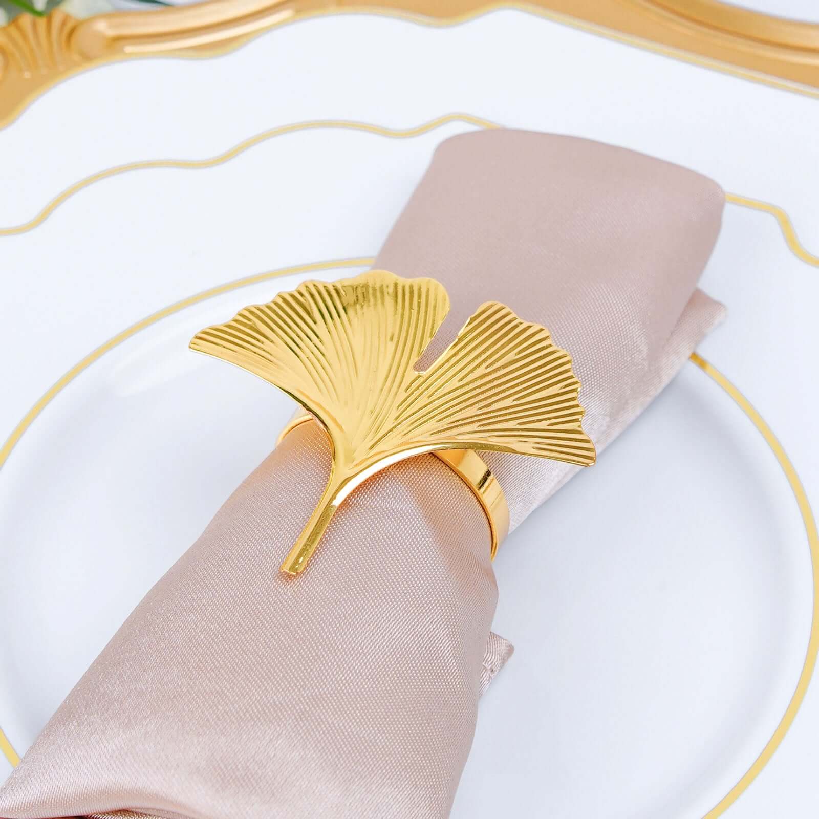 4 Pack Metallic Gold Ginkgo Leaf Napkin Rings, Ornate Design Linen Napkin Holders