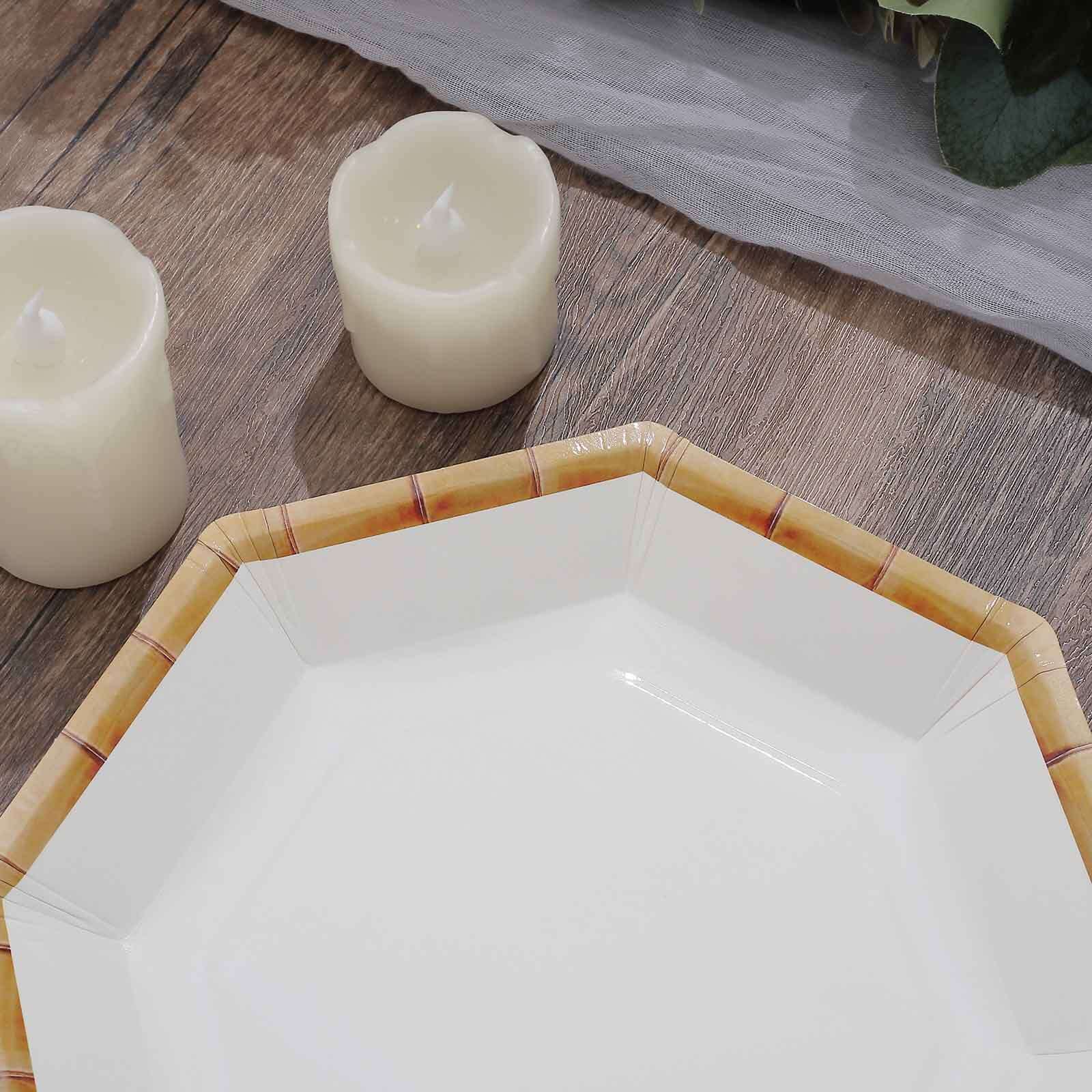 25-Pack Paper 9" Octagonal Dinner Plates in White with Bamboo Print Rim - Disposable Geometric Party Plates for Tropical & Beach Themed Celebrations