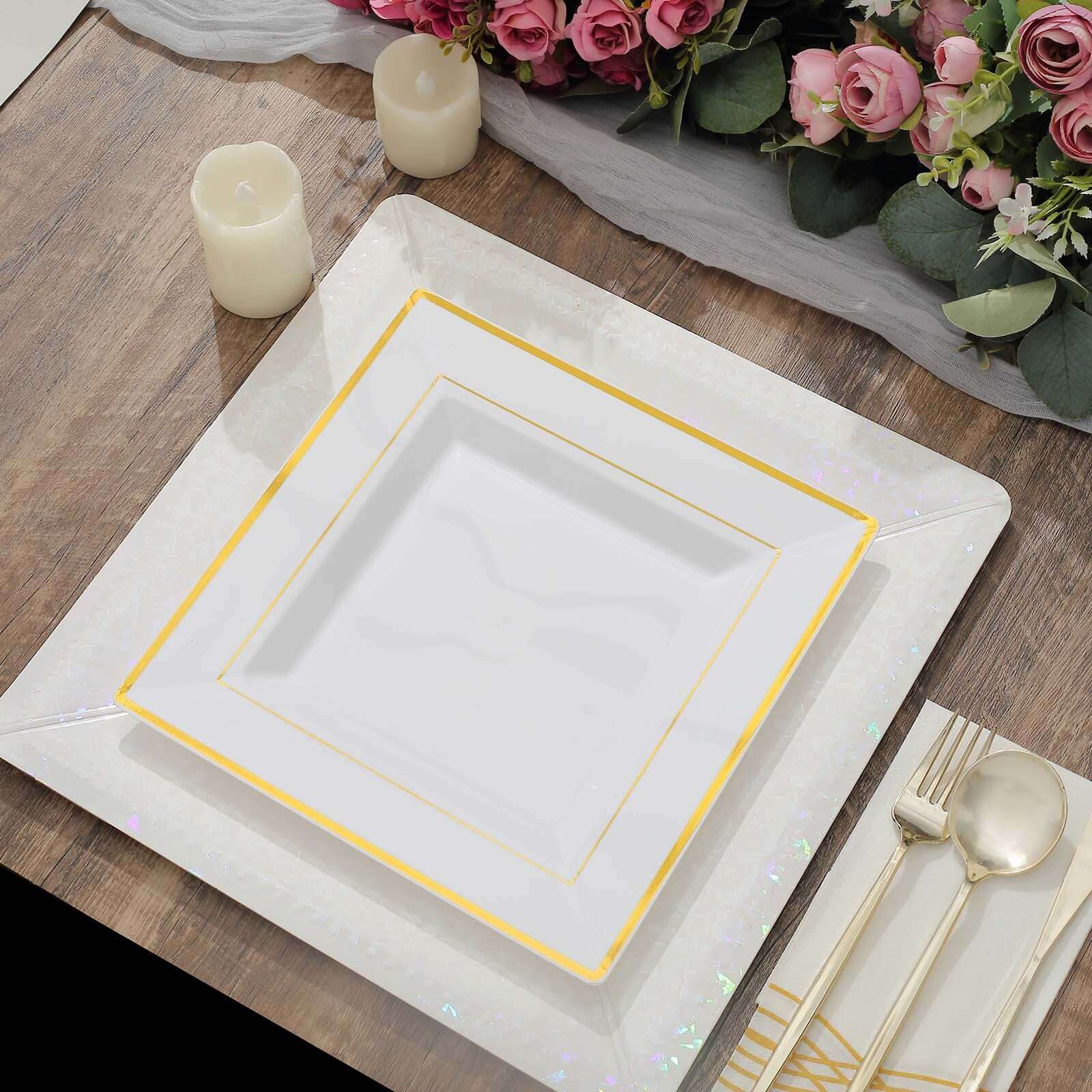 10-Pack Plastic Dinner Plates White Square with Gold Trim - Lightweight Disposable Plates for Events 10"