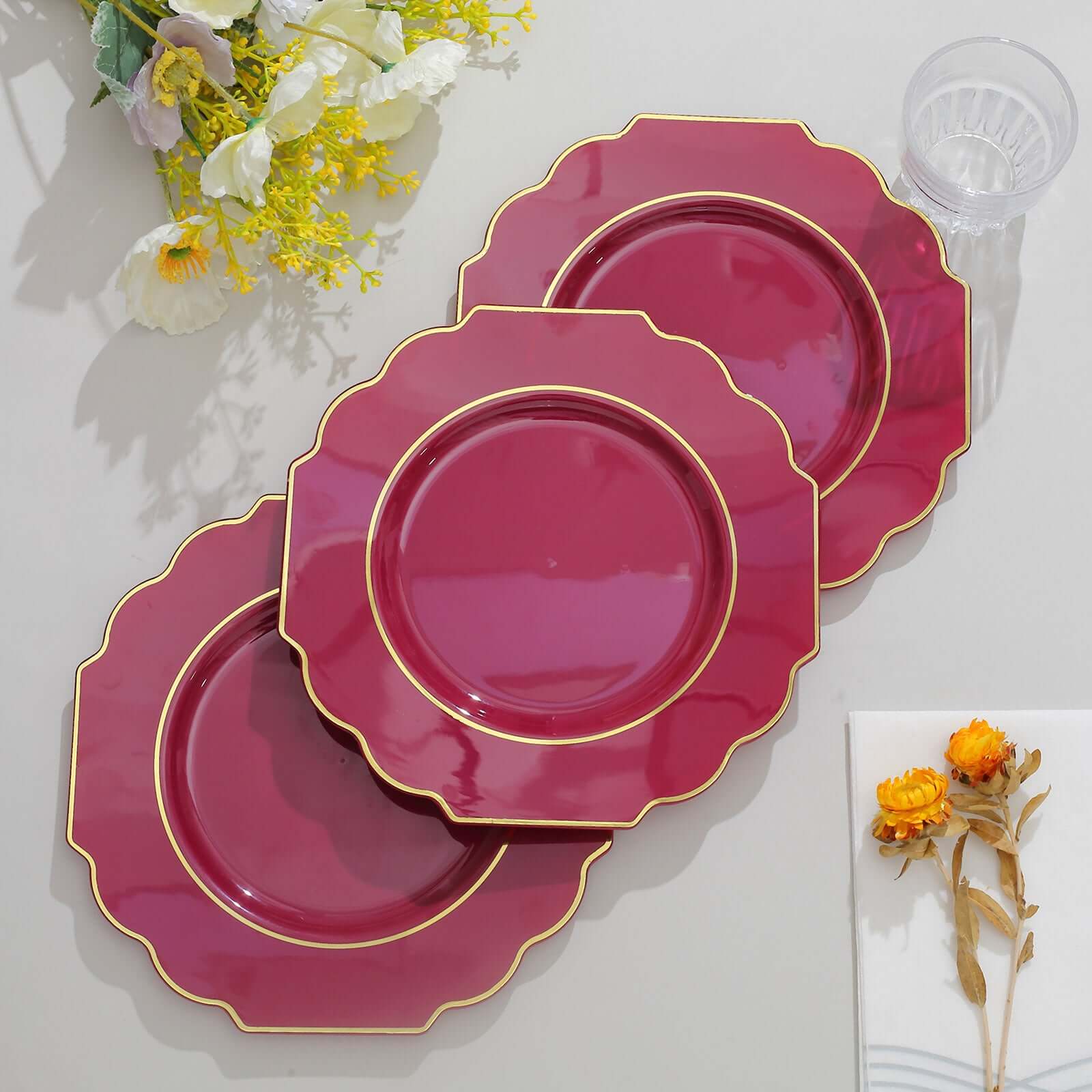 10-Pack Plastic Dessert Appetizer Plates in Burgundy Baroque Design with Scalloped Gold Rim - Heavy Duty Disposable Salad Plates 8"