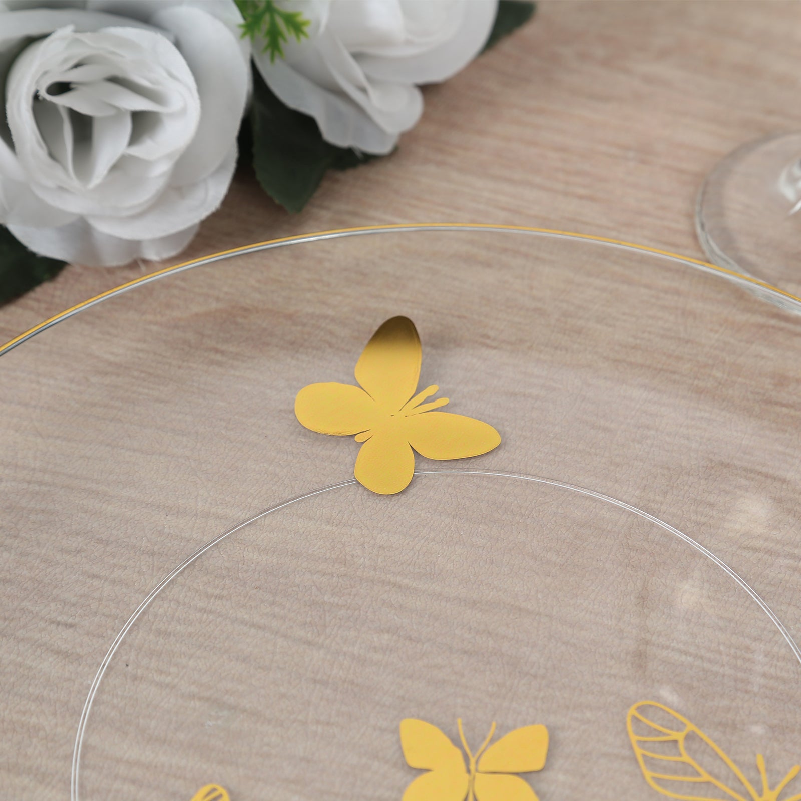 Set of 20 Plastic Round Dinner and Salad Plates in Clear with Gold Butterfly Design & Gold Rim - Stylish Disposable Dinnerware 8", 10"