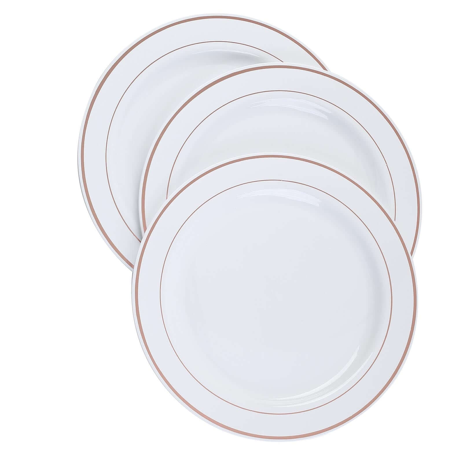10-Pack Plastic Dinner Plates White with Très Chic Rose Gold Rim - Perfect Disposable Party Plates 10"