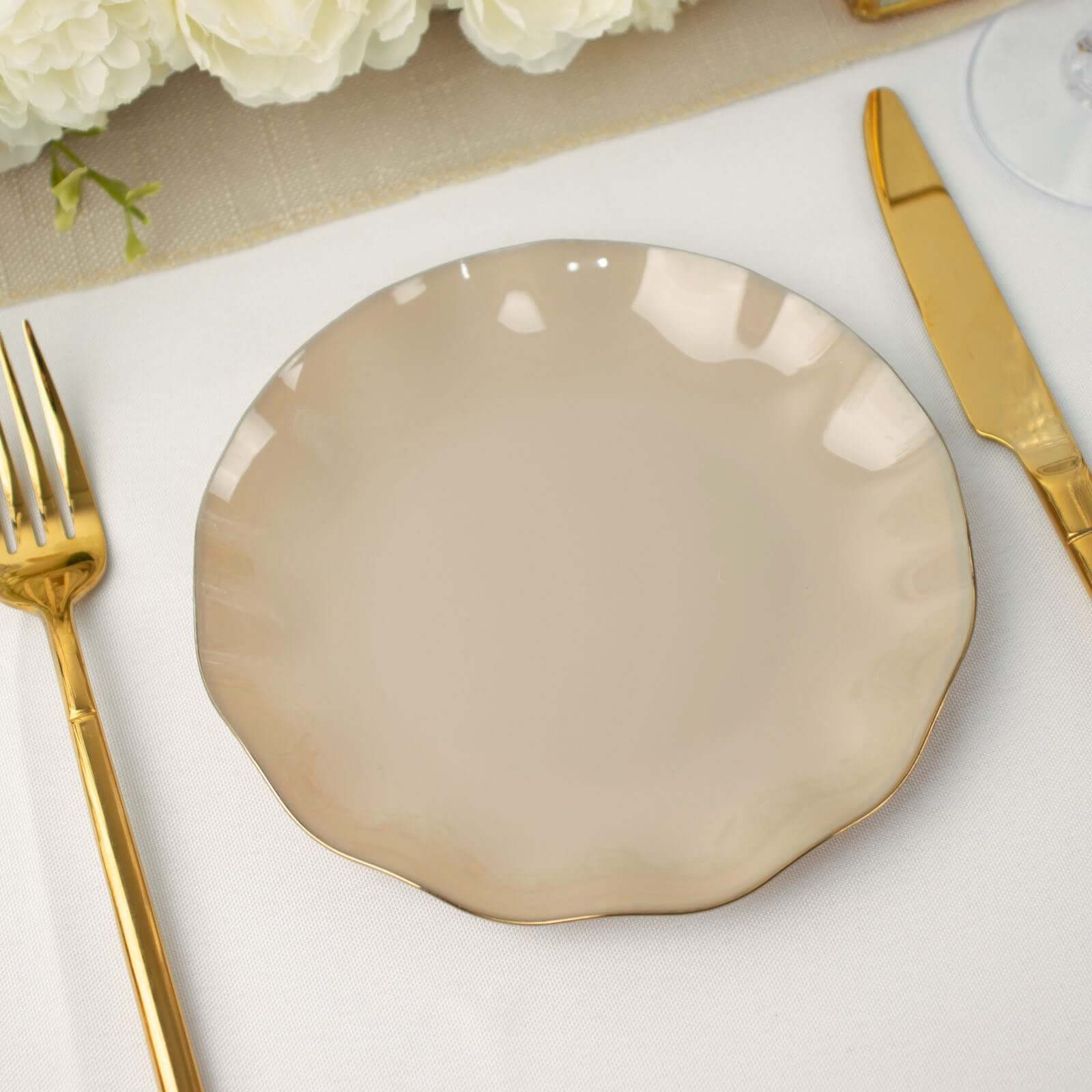 10-Pack Plastic Round 6" Dessert Plates in Taupe Ruffled Rim with Gold Edging - Sturdy Disposable Salad Appetizer Dinnerware