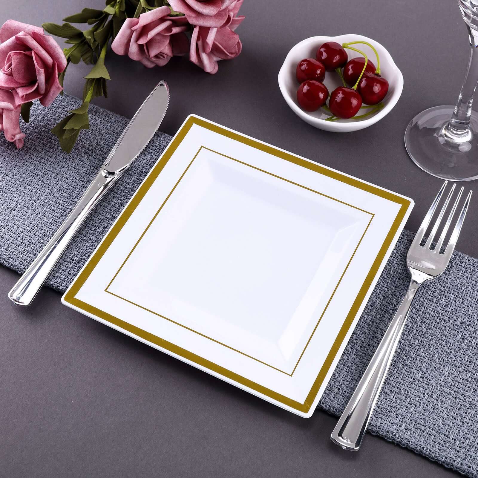 10-Pack Plastic Salad Dessert Plates White Square with Gold Trim - Durable Disposable Appetizer Plates 7"