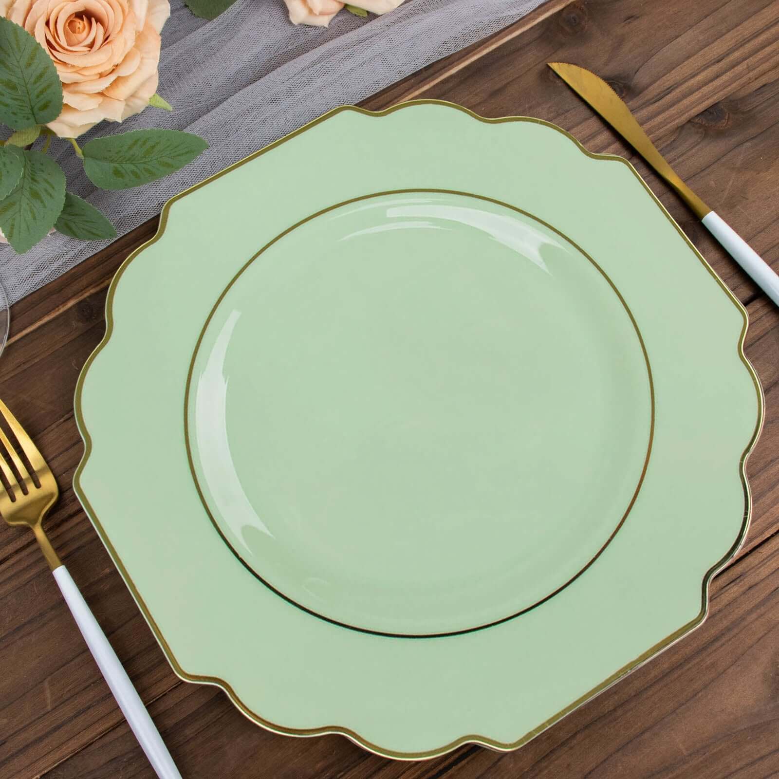 10-Pack Plastic Dinner Plates in Sage Green Baroque Design with Scalloped Gold Rim - Heavy Duty Disposable Party Plates 11"