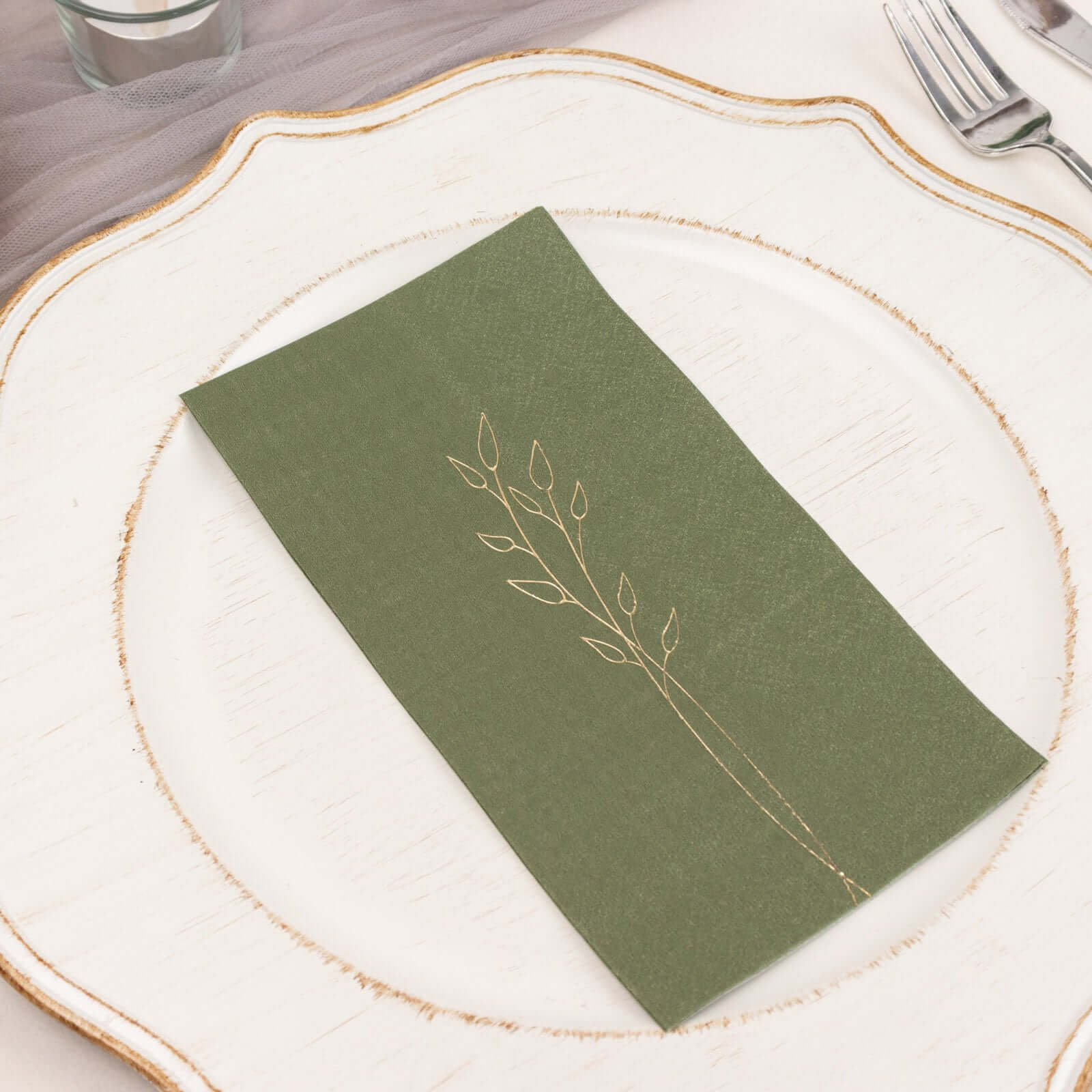 50-Pack Paper Dinner Napkins Olive Green with Gold Embossed Leaf - Stylish 2-Ply Disposable Napkins for Weddings 18GSM