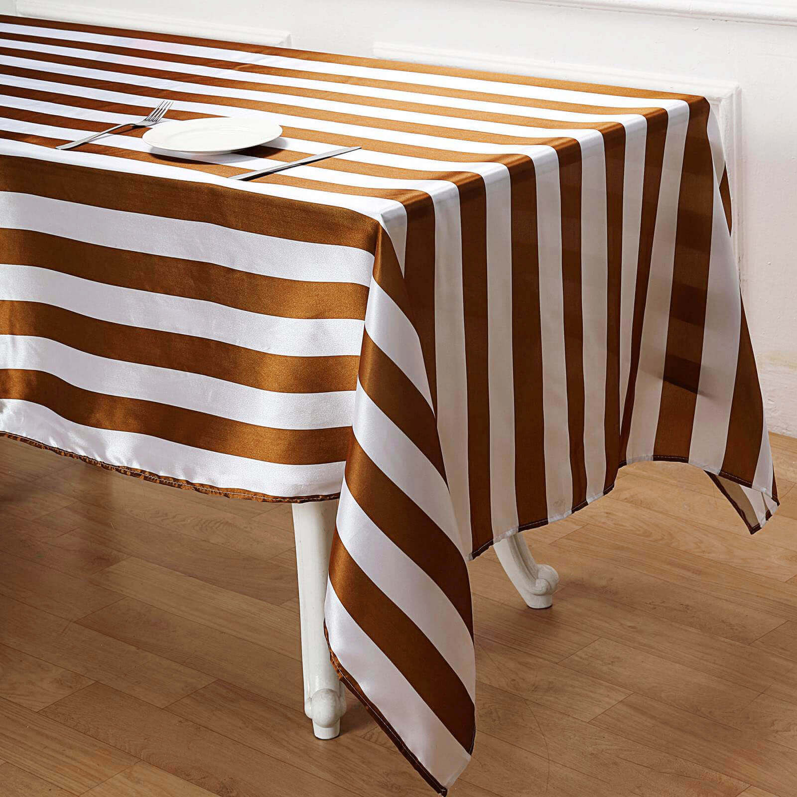 Satin 60"x102" Rectangle Tablecloth Gold/White - Stripe Design with Stylish Smooth Finish Table Cover