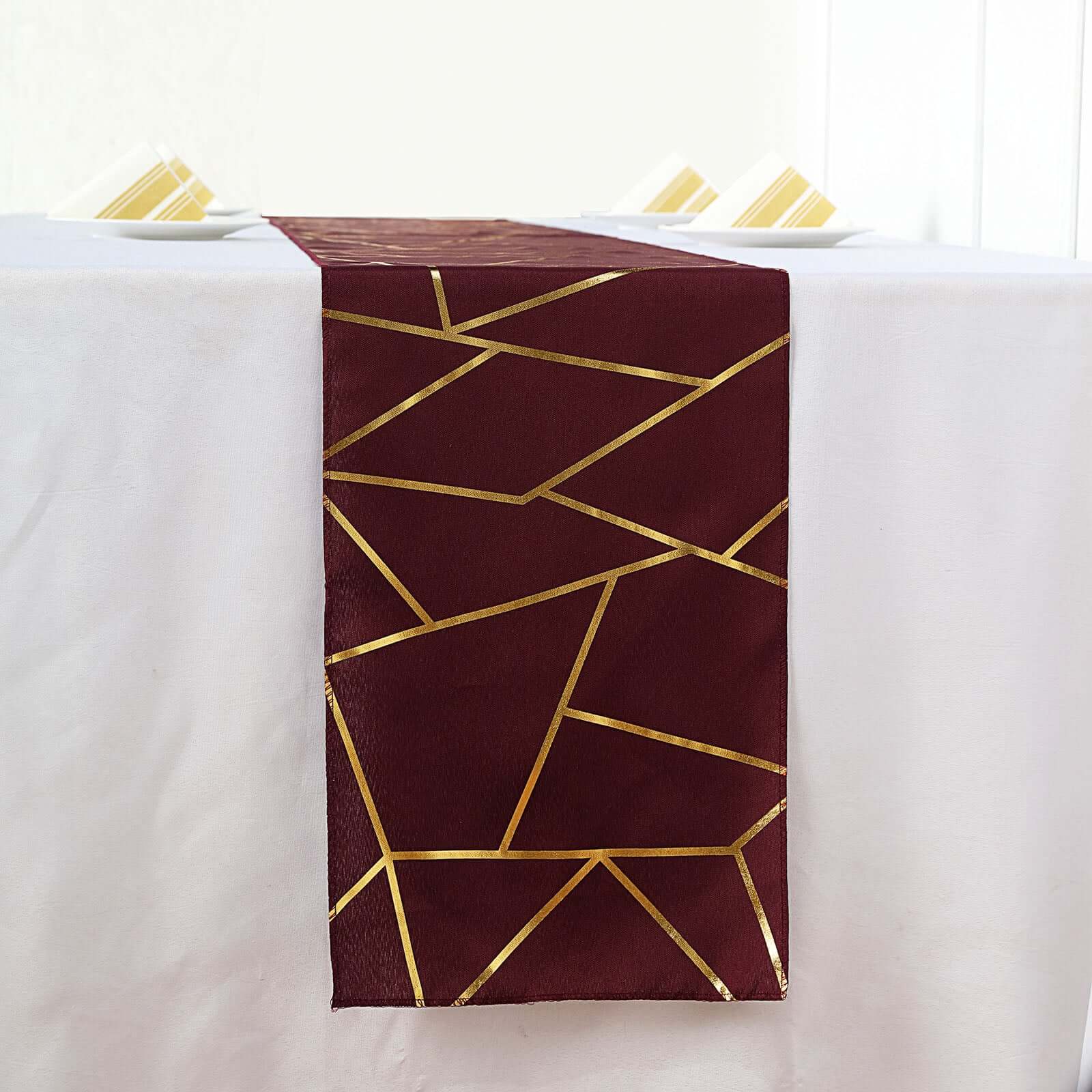 Polyester 9ft Table Runner Burgundy with Gold Foil Modern Geometric Accent