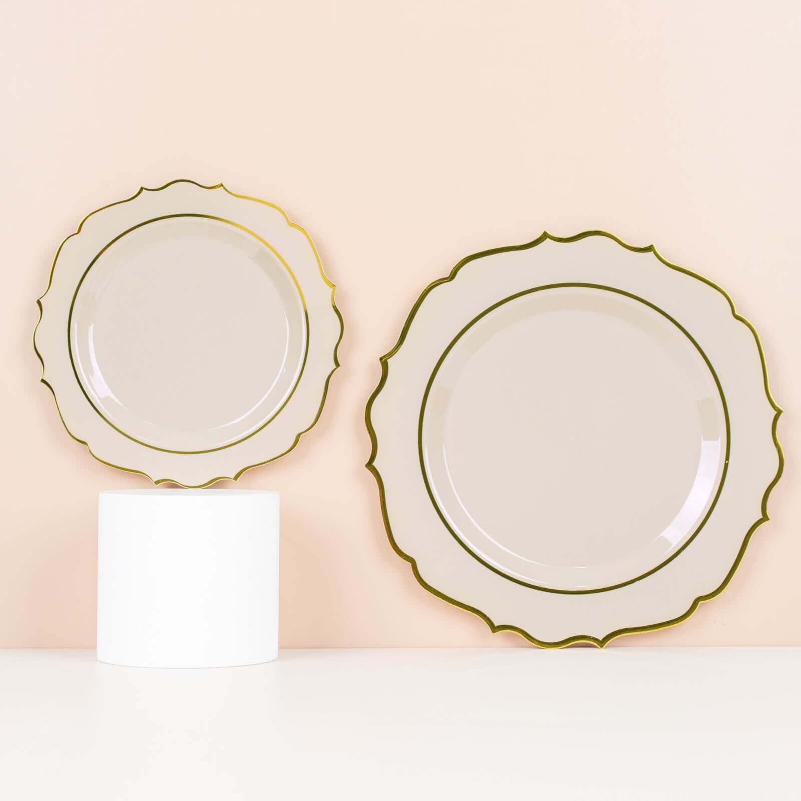10-Pack Plastic 8" Round Desert Plates in Taupe with Gold Scalloped Rim - Disposable Appetizer/Salad Plates