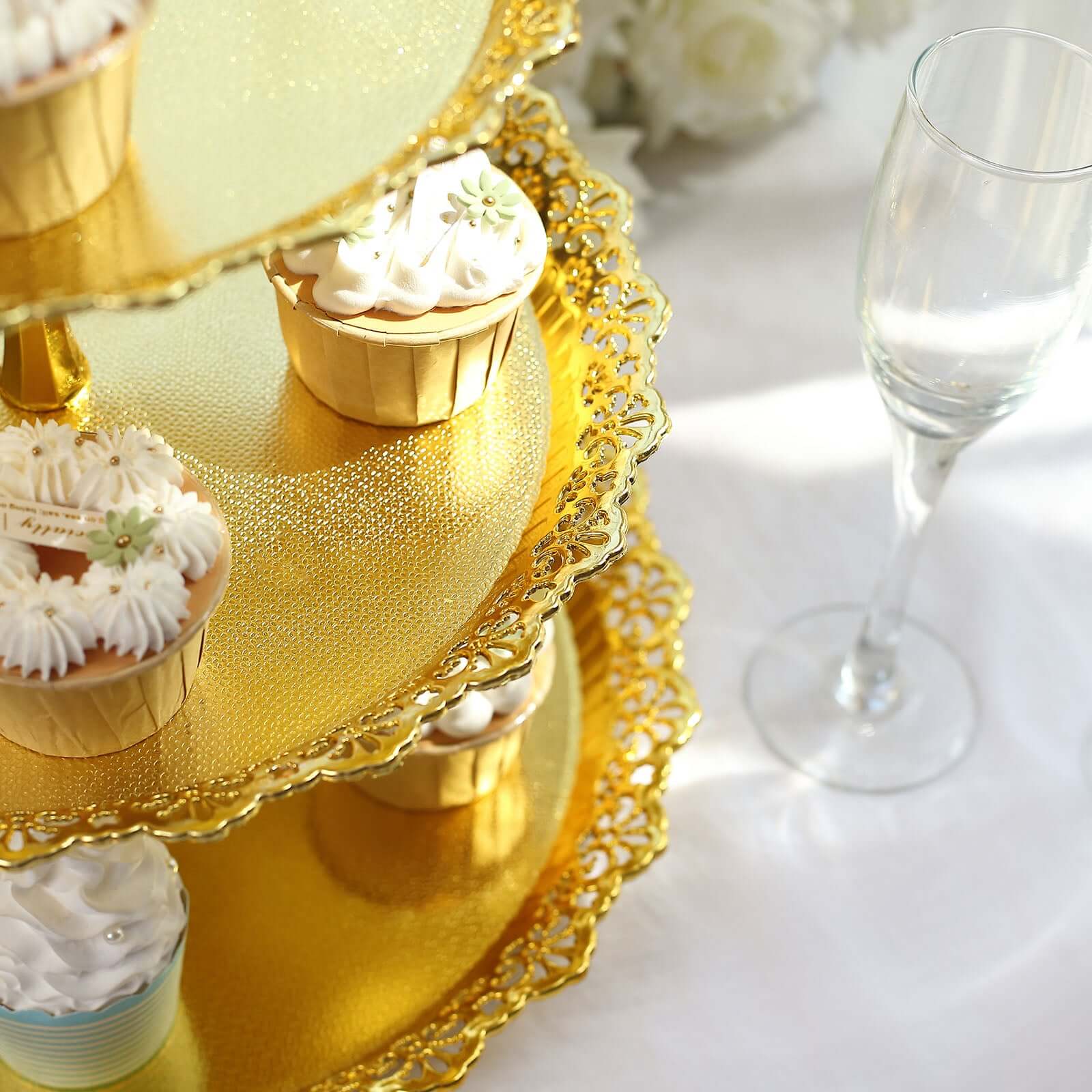 3-Tier Plastic Round Cupcake Stand 15" Metallic Gold with Lace Scalloped Edges - Multifunctional Space Saving Dessert Display Tower Pastry Serving Tray for Classy Events