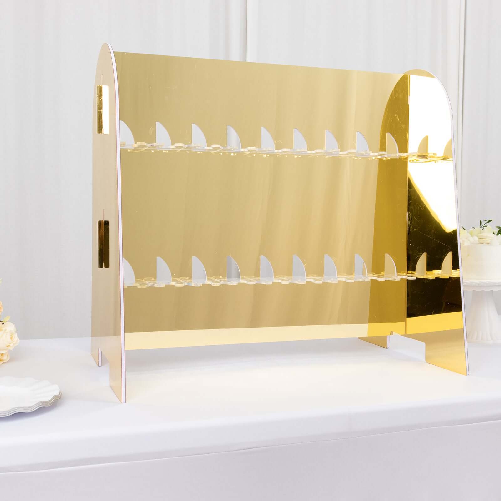 2-Tier Champagne Glass Holder Display Stand Table Top in Gold Mirror Finish - Modern Stemware Rack Cocktail Drink Holder with 18 Hooks for Events & DIY Bars 25"