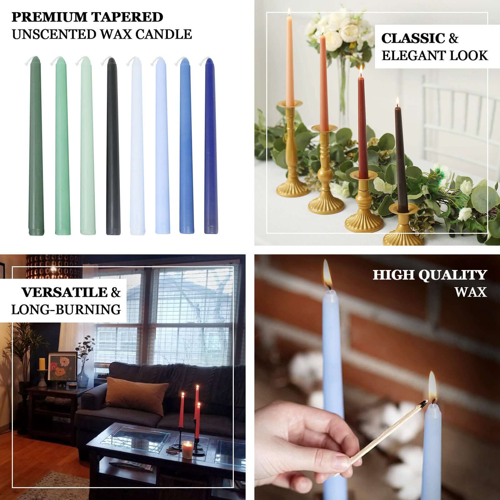 12-Pack Taper Candles Premium Wax Design Black - Unscented Candles for Upscale Settings 10"