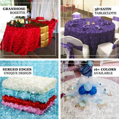 Satin 120" Round Tablecloth Red - Grandiose 3D Rosette with Seamless Finish Table Cover