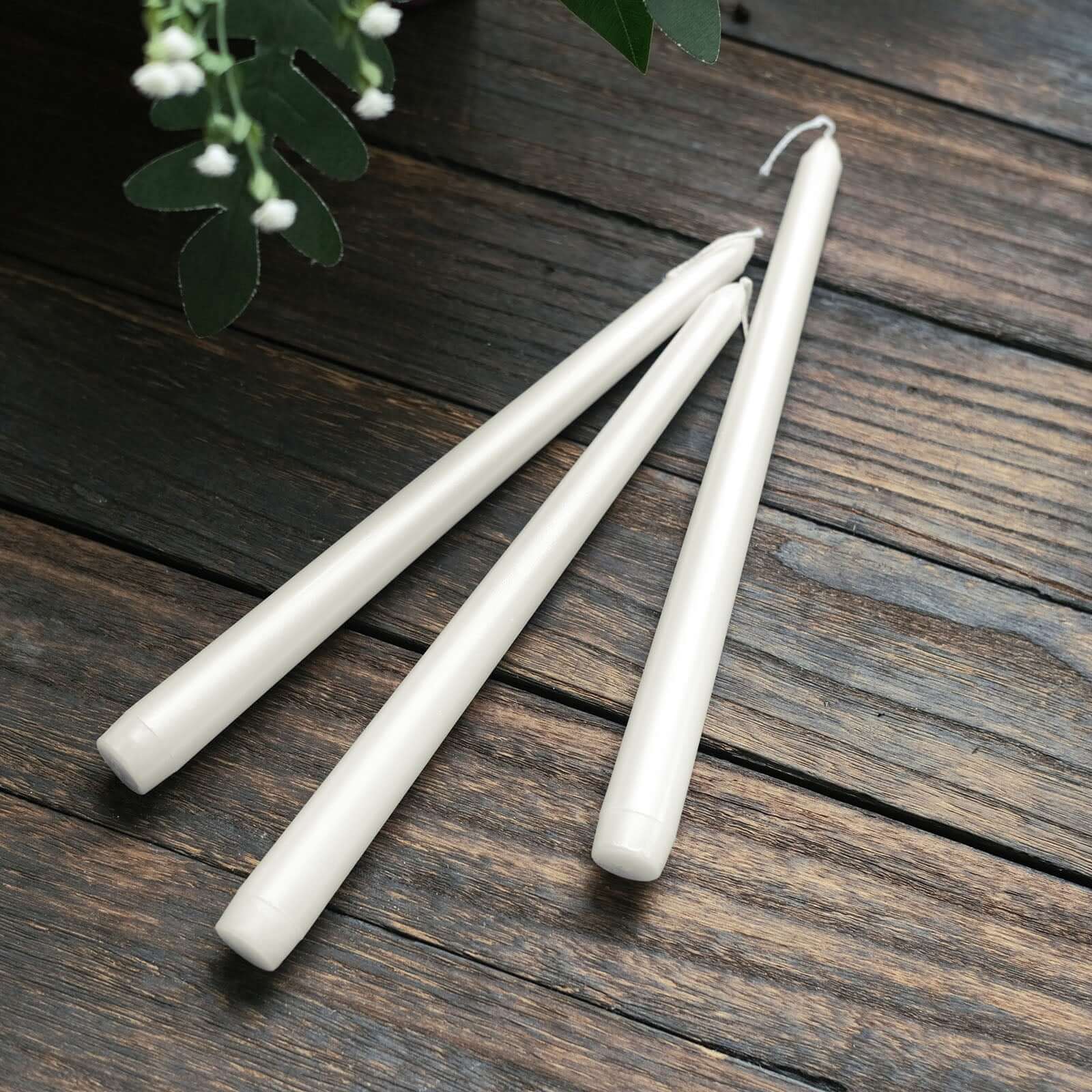 12-Pack Taper Candles Premium Wax Design Metallic Pearl White - Unscented Candles for Upscale Settings 10"