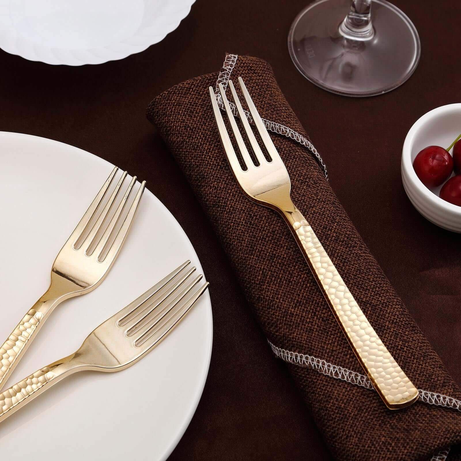 24-Pack Plastic Forks with Hammered Style Gold - Heavy Duty Disposable Silverware 7"