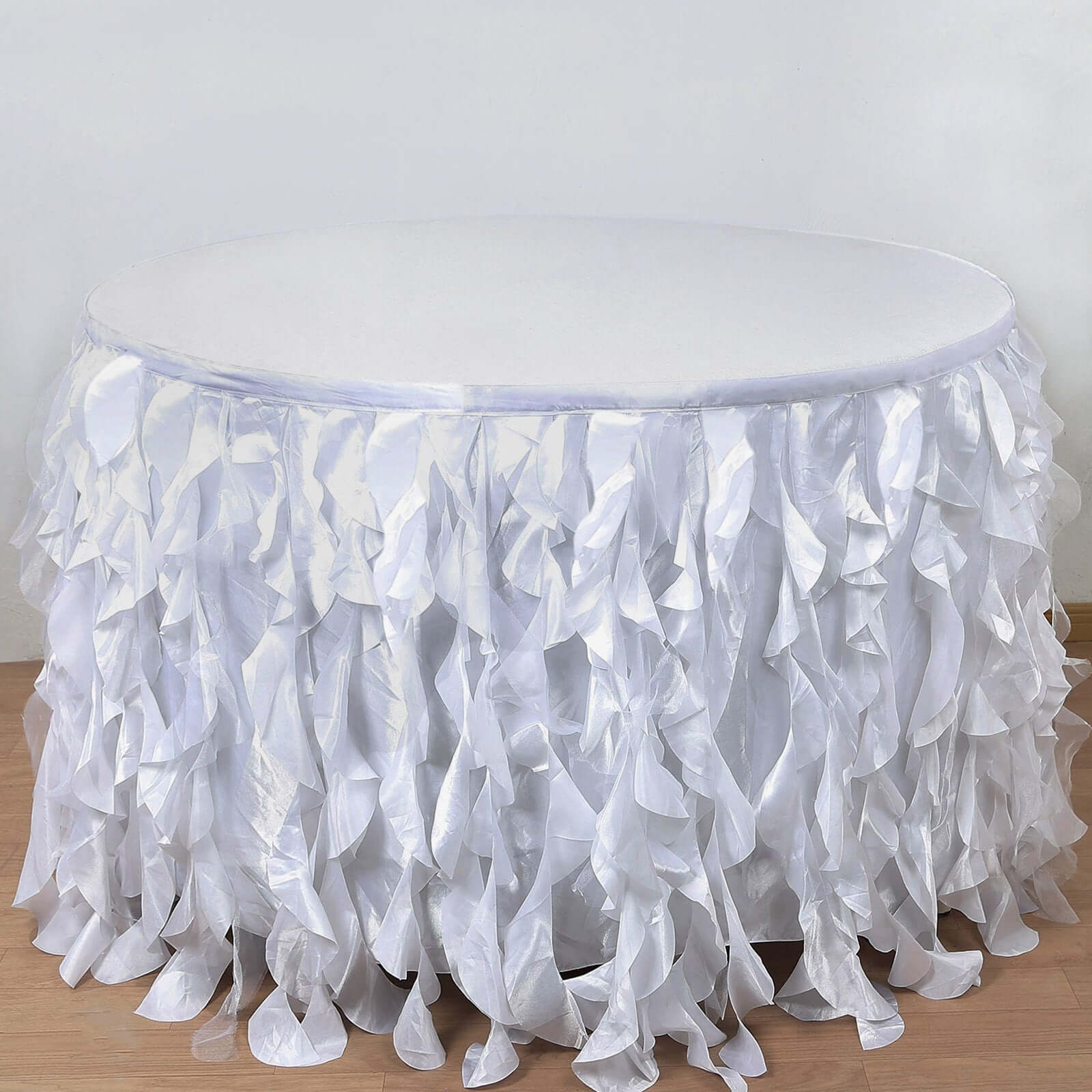 Taffeta 17ft Table Skirt White Cascading Curly Willow Style for Weddings & Banquets