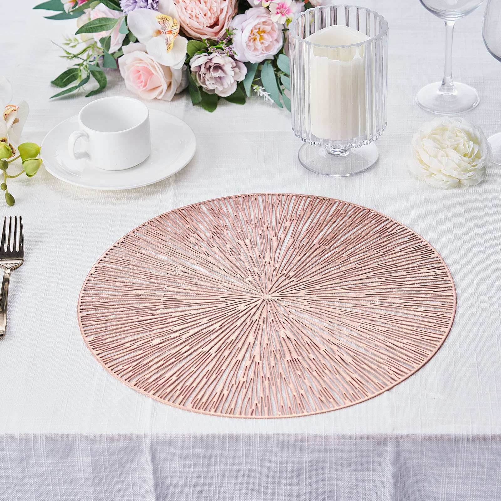 6-Pack Dining Table Mats Spiked Design Rose Gold - Vinyl Non-Slip Surface with Modern Appeal 15"