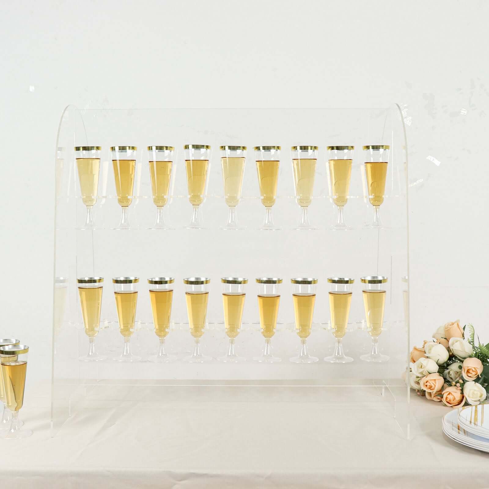 2-Tier Acrylic Champagne Glass Holder Display Stand Table Top Clear - Modern Stemware Rack Cocktail Drink Holder with 18 Hooks for Events & DIY Bars 25"