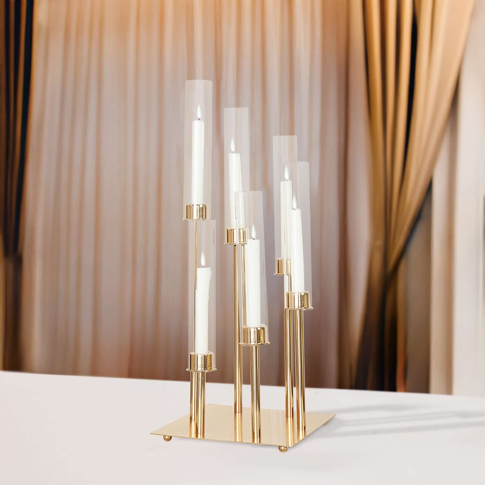 6-Arm Cluster Taper Candle Holder Gold with Clear Glass Shades - Sleek Candle Display for Gatherings 24"