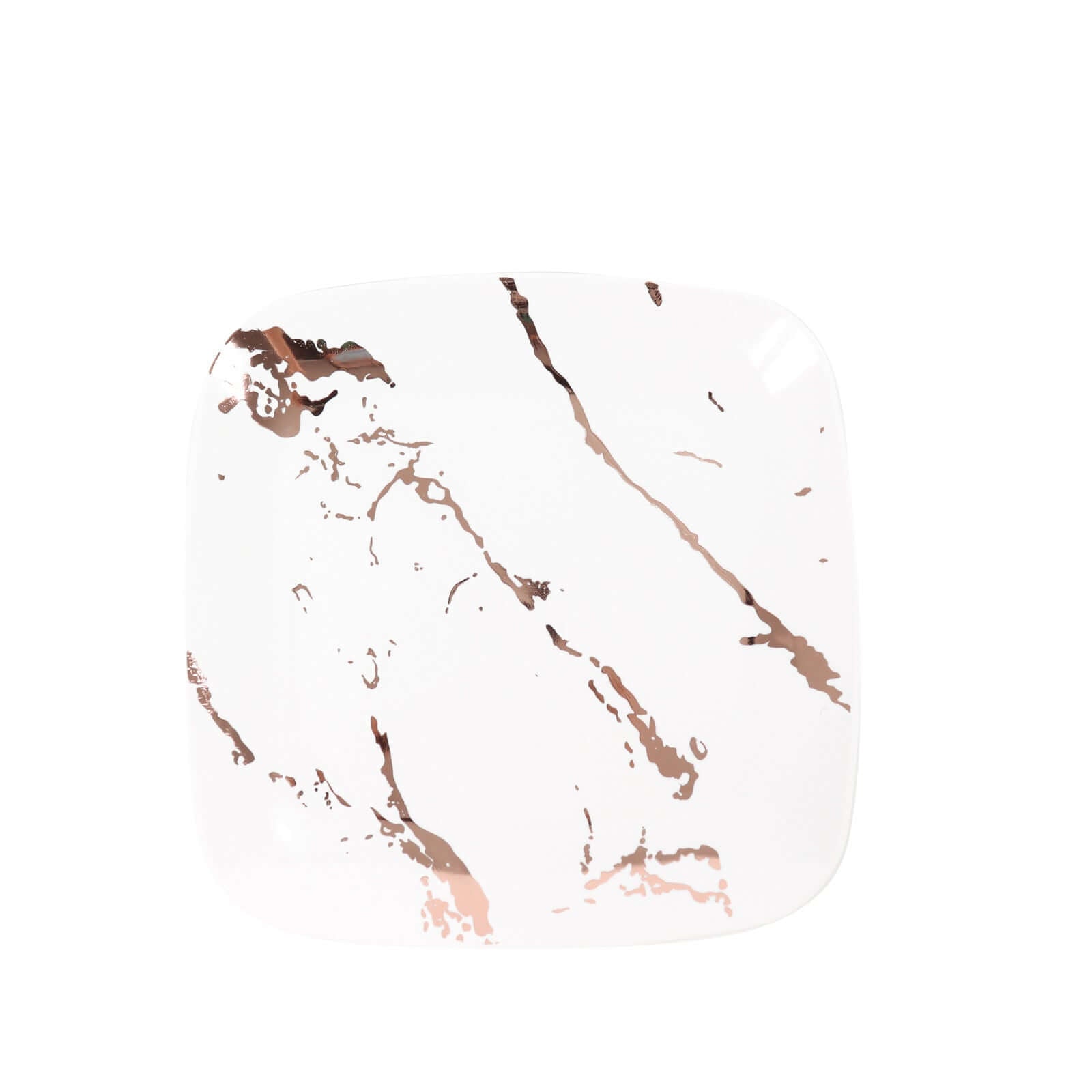 10-Pack Plastic 8" Square Dessert Plates in White with Rose Gold Marble Design - Disposable Appetizer Salad Party Plates