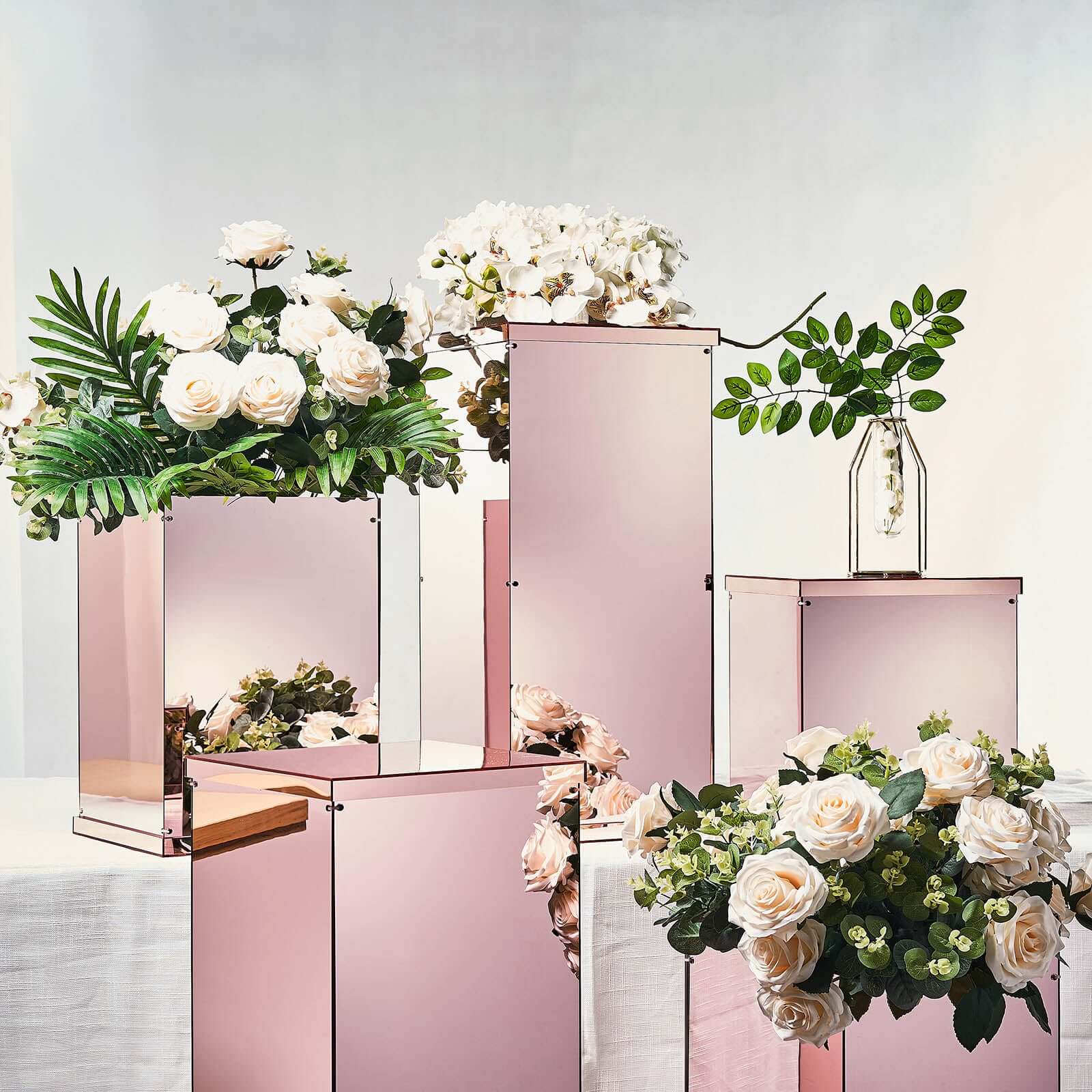Set of 5 Rose Gold Mirror Finish Acrylic Display Boxes, Pedestal Risers with Interchangeable Lid and Base - 12",16",24",32",40"