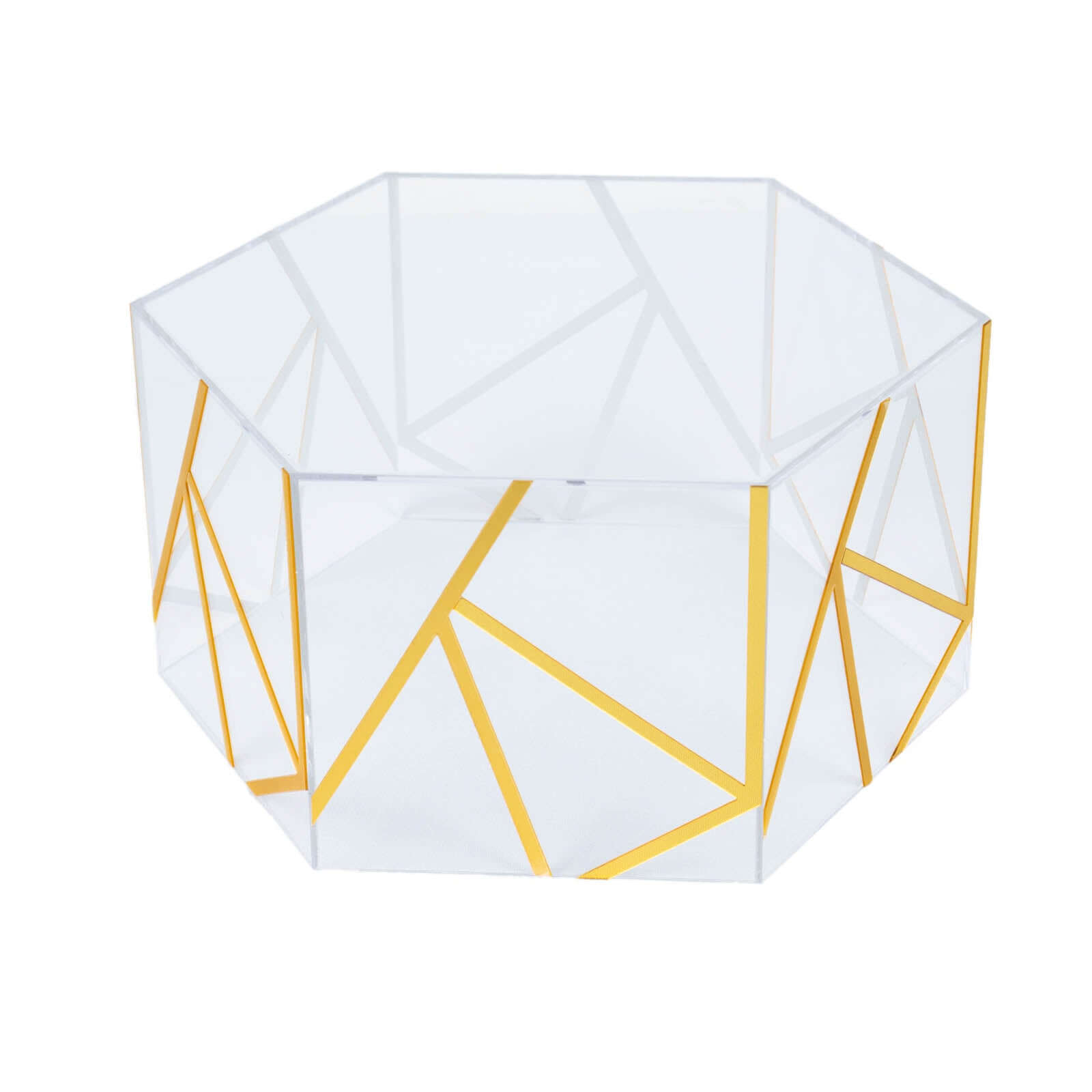 Acrylic Cake Stand Pedestal Riser Box Hexagonal Design Clear and Gold 10"x5" - Decorative Event Display