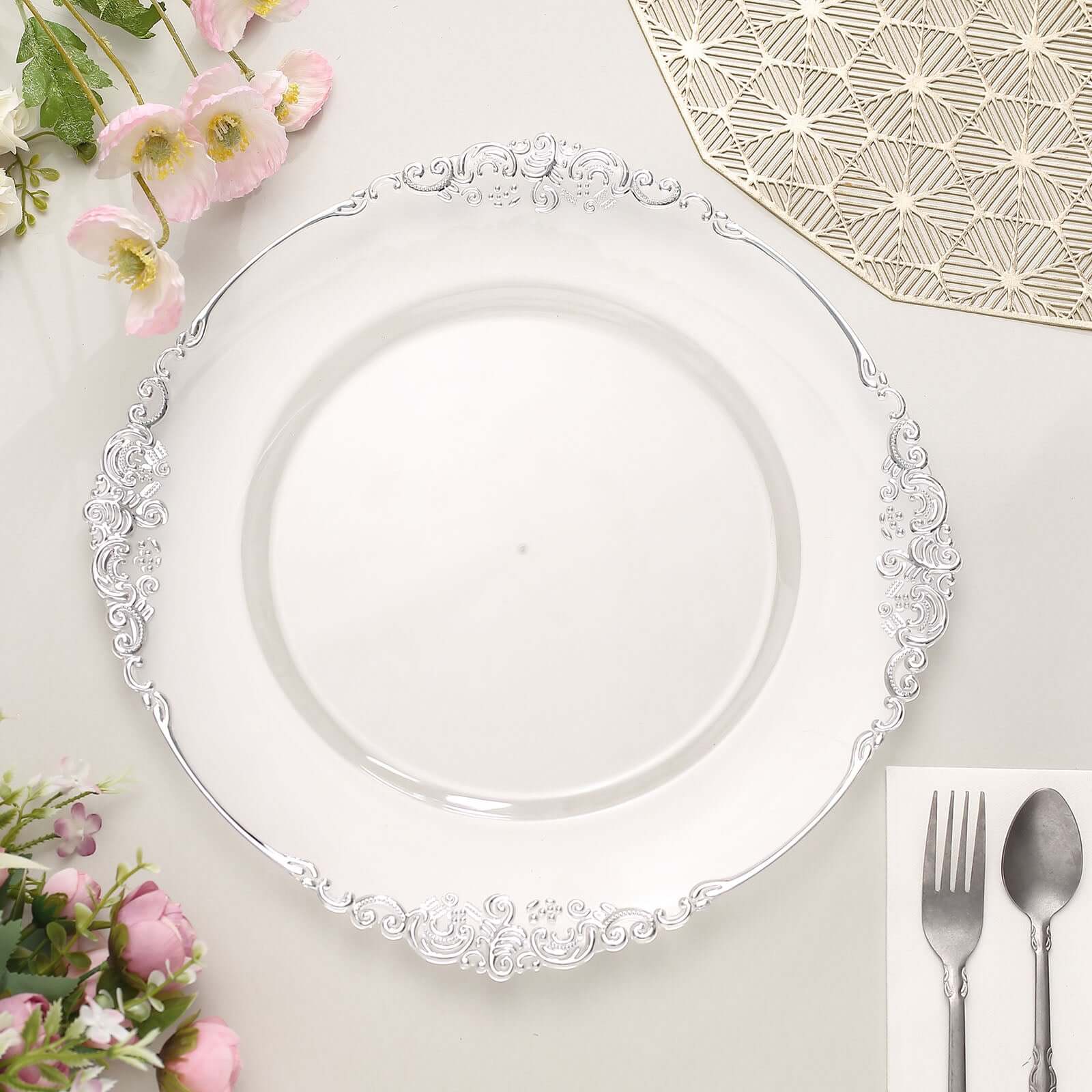 6-Pack Acrylic Round Charger Plates 13" in Clear with Silver Embossed Baroque Rim, Antique Decorative Dinner Party Charger Tableware