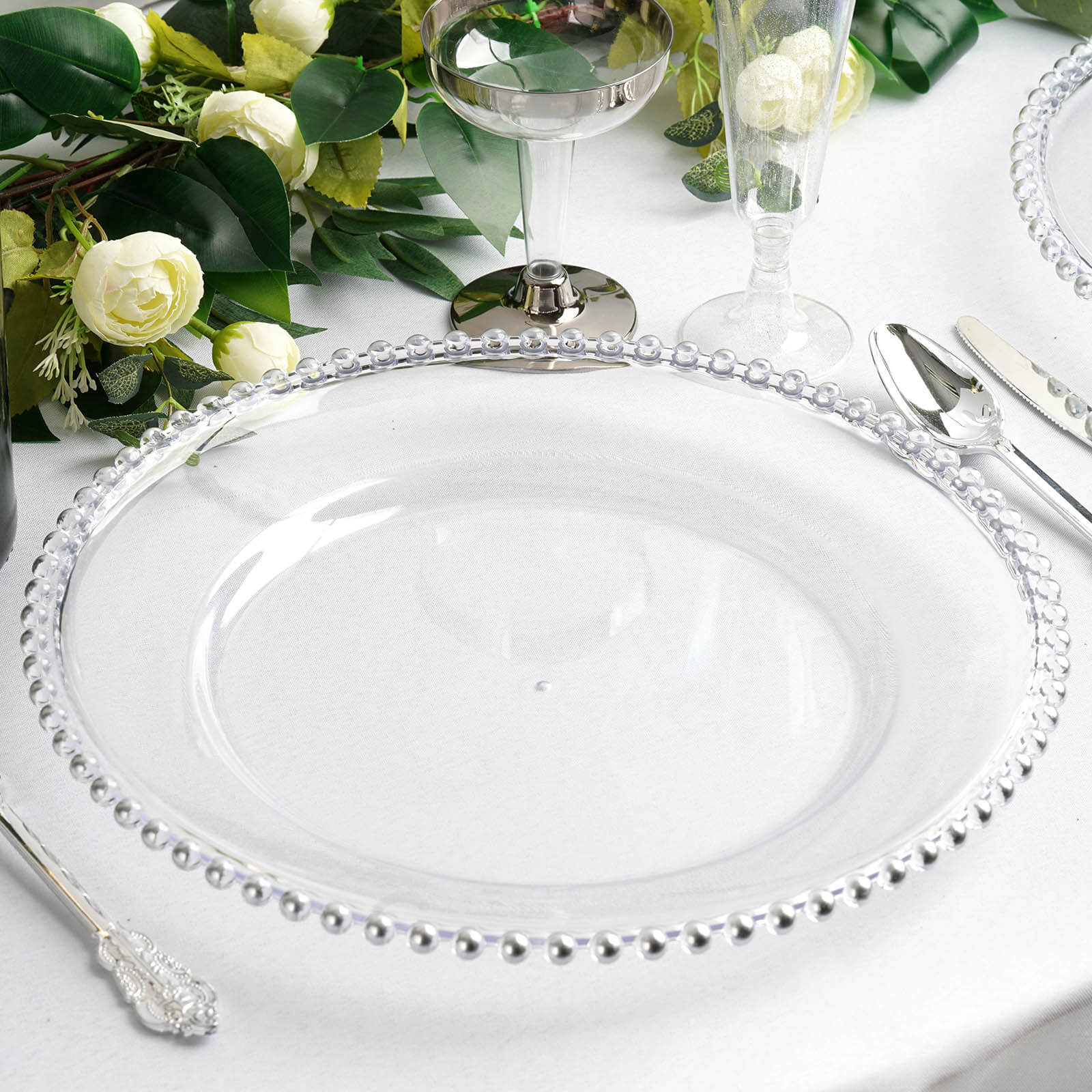 6-Pack Acrylic Round Charger Plates 13" in Clear with Silver Beaded Rim, Decorative Dinner Party Serving Plates