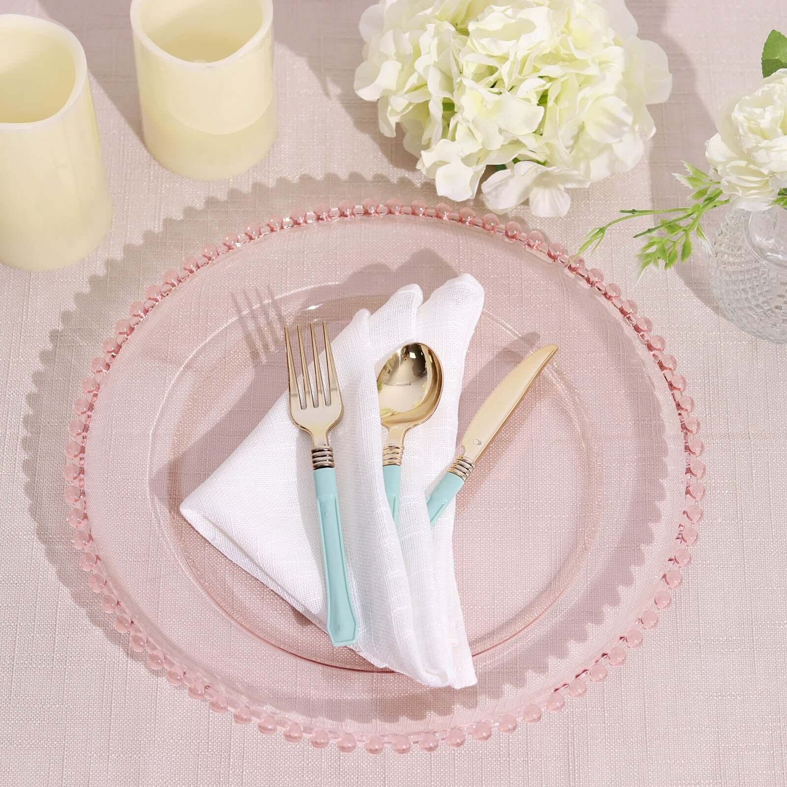 6-Pack Acrylic Round Charger Plates 13" in Transparent Blush with Beaded Rim, Decorative Dinner Party Serving Plates