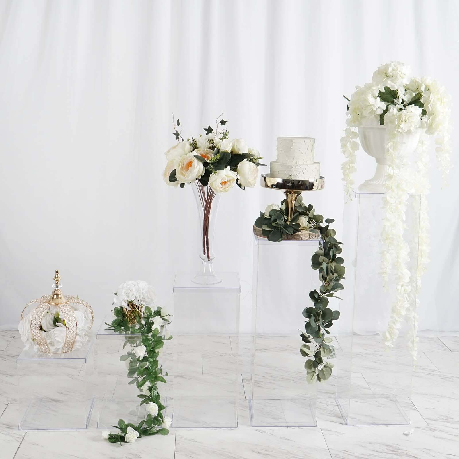 Set of 5 Clear Acrylic Display Boxes, Transparent Pedestal Risers with Interchangeable Lid and Base - 12",16",24",32",40"