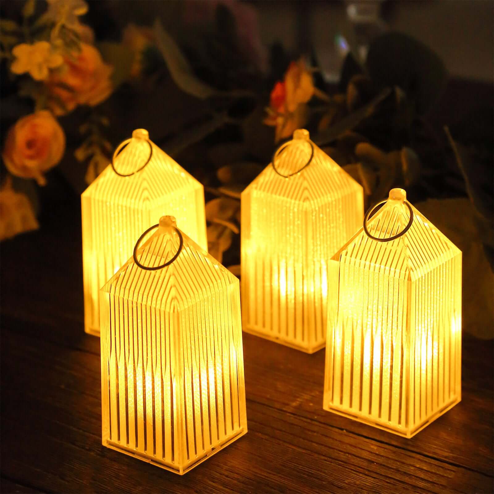 6-Pack Acrylic LED Lanterns Hanging Warm White Design - Decorative Dimmable Battery Operated Centerpiece 3.5"
