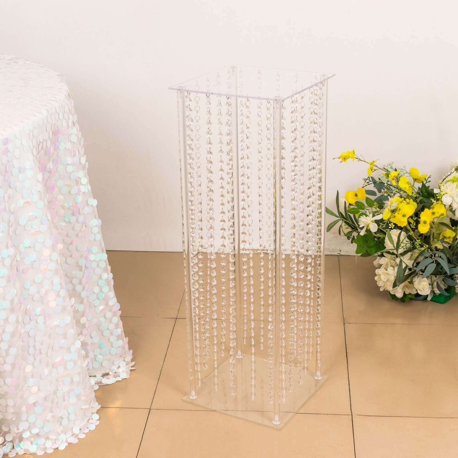 Acrylic Flower Pedestal Vase Pillar Stand with Crystal Beads Clear - Decorative Wedding Floor Centerpiece 32"