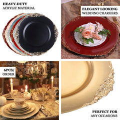 6-Pack Acrylic Round Charger Plates 13" in Clear with Gold Embossed Baroque Rim, Antique Decorative Dinner Party Charger Tableware