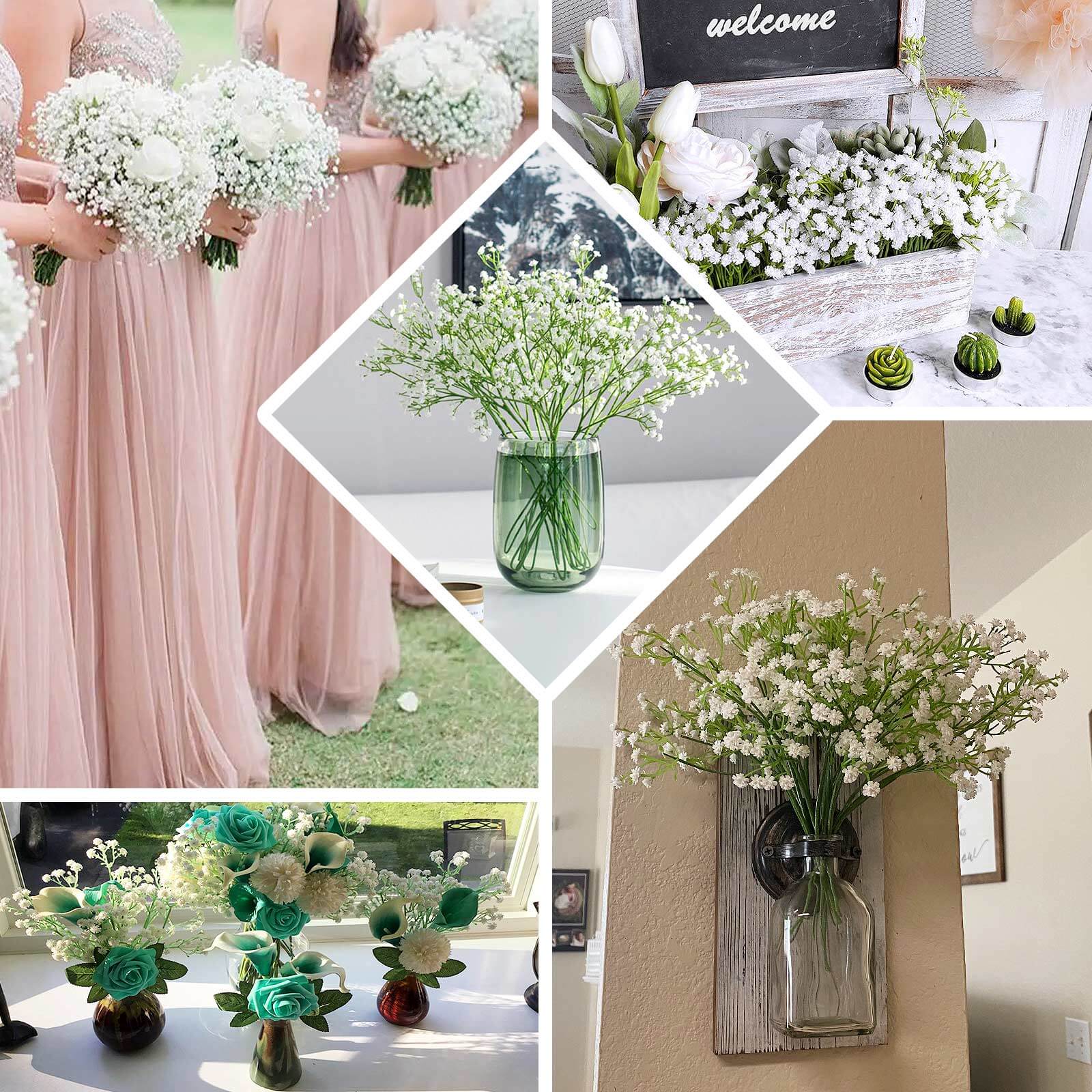 3 Bushes White 14" Artificial Baby's Breath Gypsophila Flower Arrangements, Real Touch Indoor Faux Floral Bouquets