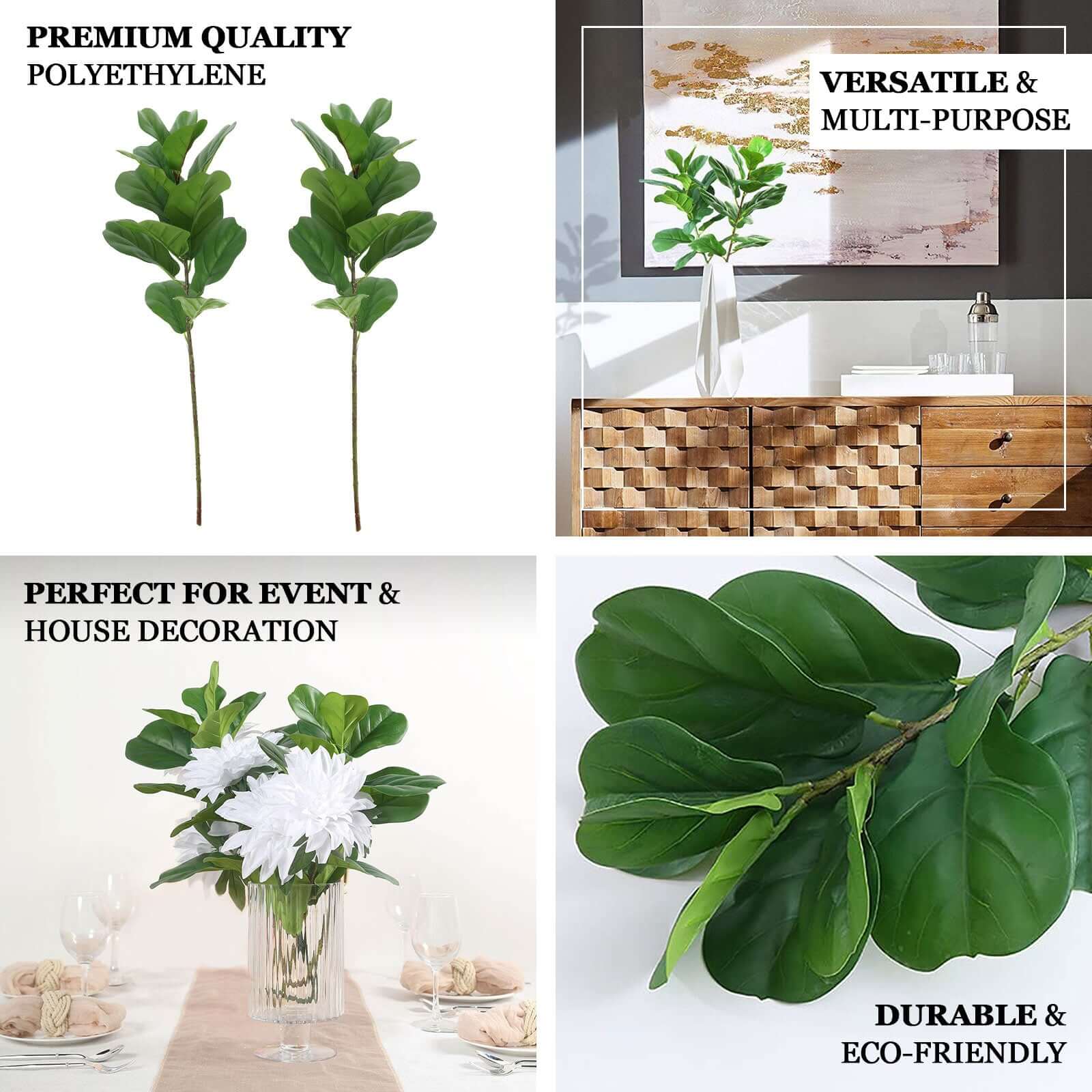 2 Bushes 25" Green Artificial Fiddle Leaf Branch Stems, Faux Plants