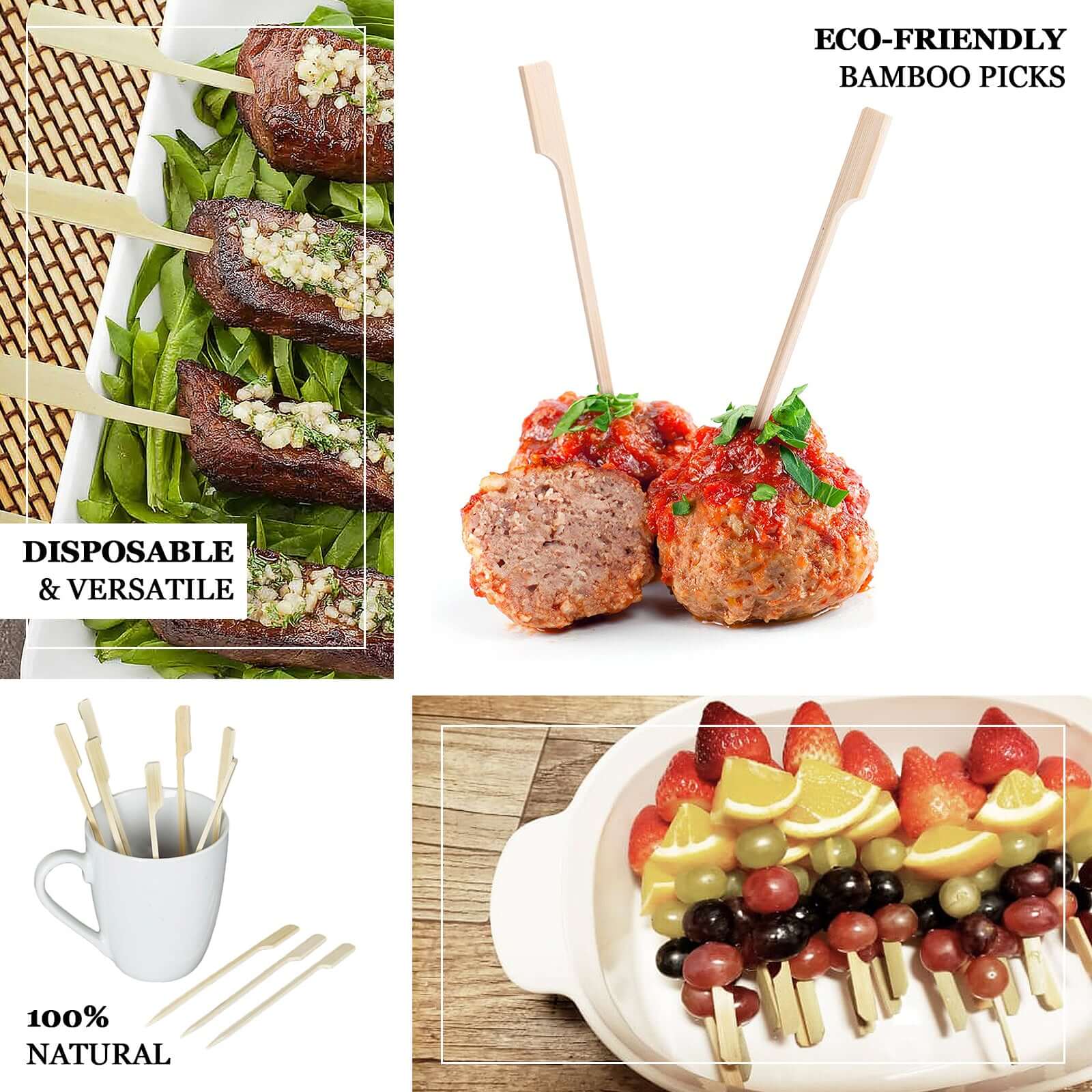 100-Pack Bamboo Skewers Paddle Shaped - Natural Eco Friendly Wooden Cocktail Picks for Food Display Party Snacks & Outdoor Cooking 6"